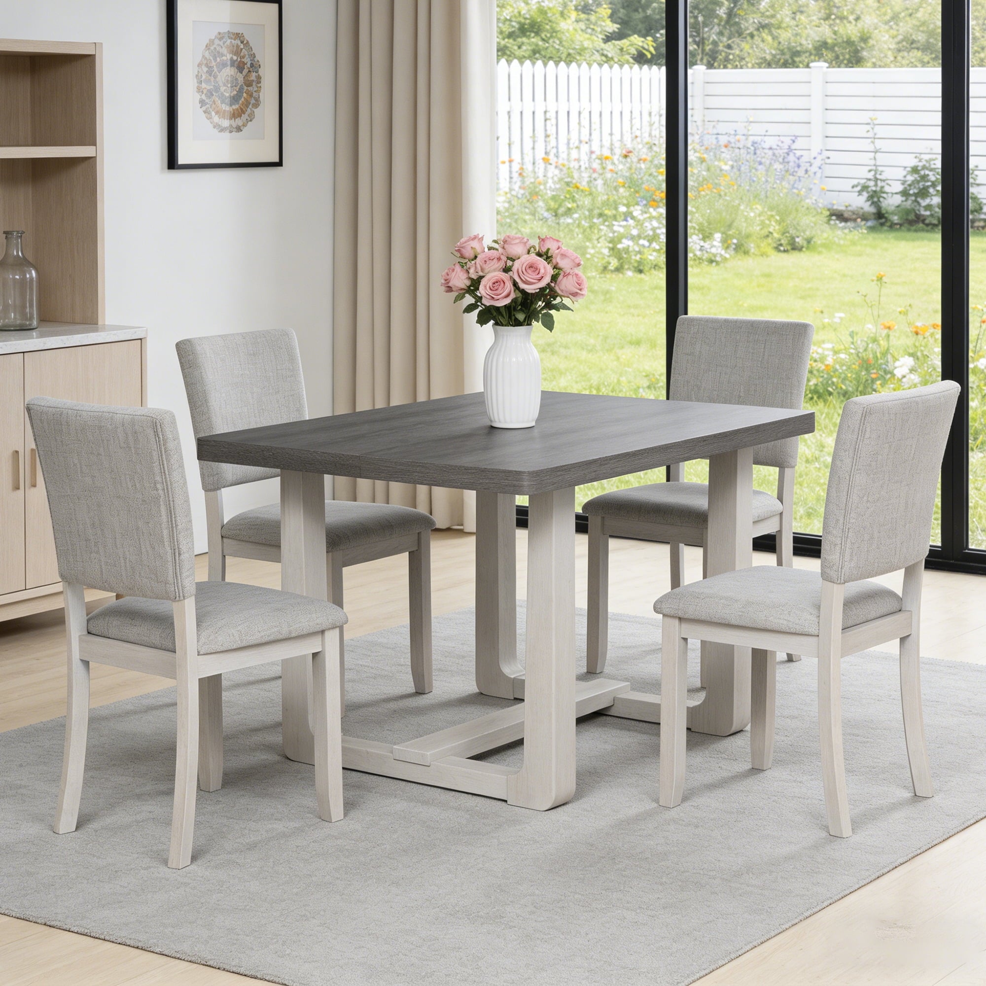 Leovanni Modern 48 5-Piece Solid Wood Dining Table Set with 4 Upholstered Chairs, Rectangular Kitchen & Dining Room Set, Natural