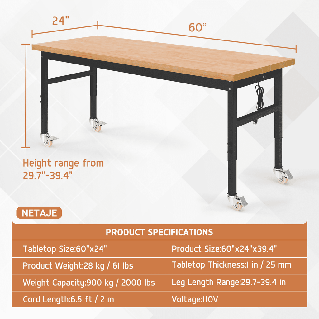 NETAJE 60 Heavy-Duty Work Bench Adjustable Workbench Work Table 2000 lb Load Capacity w/ Power Outlets for Garage, Workshop, Workstation