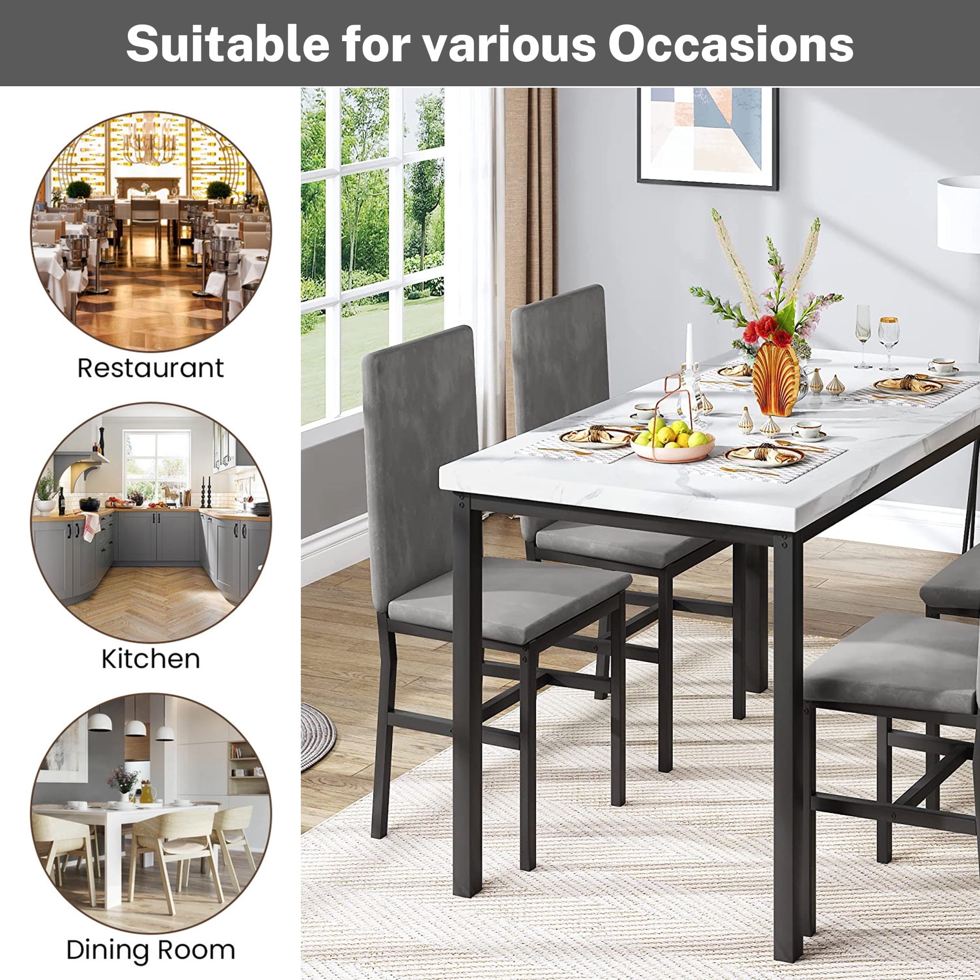 SYNGAR 5 Piece Dining Set, Modern Dining Table and Chairs Set for 4, Kitchen Dining Table Set with Faux Marble Tabletop & 4 Upholstered Chairs, for Small Space, Breakfast Nook, D9224