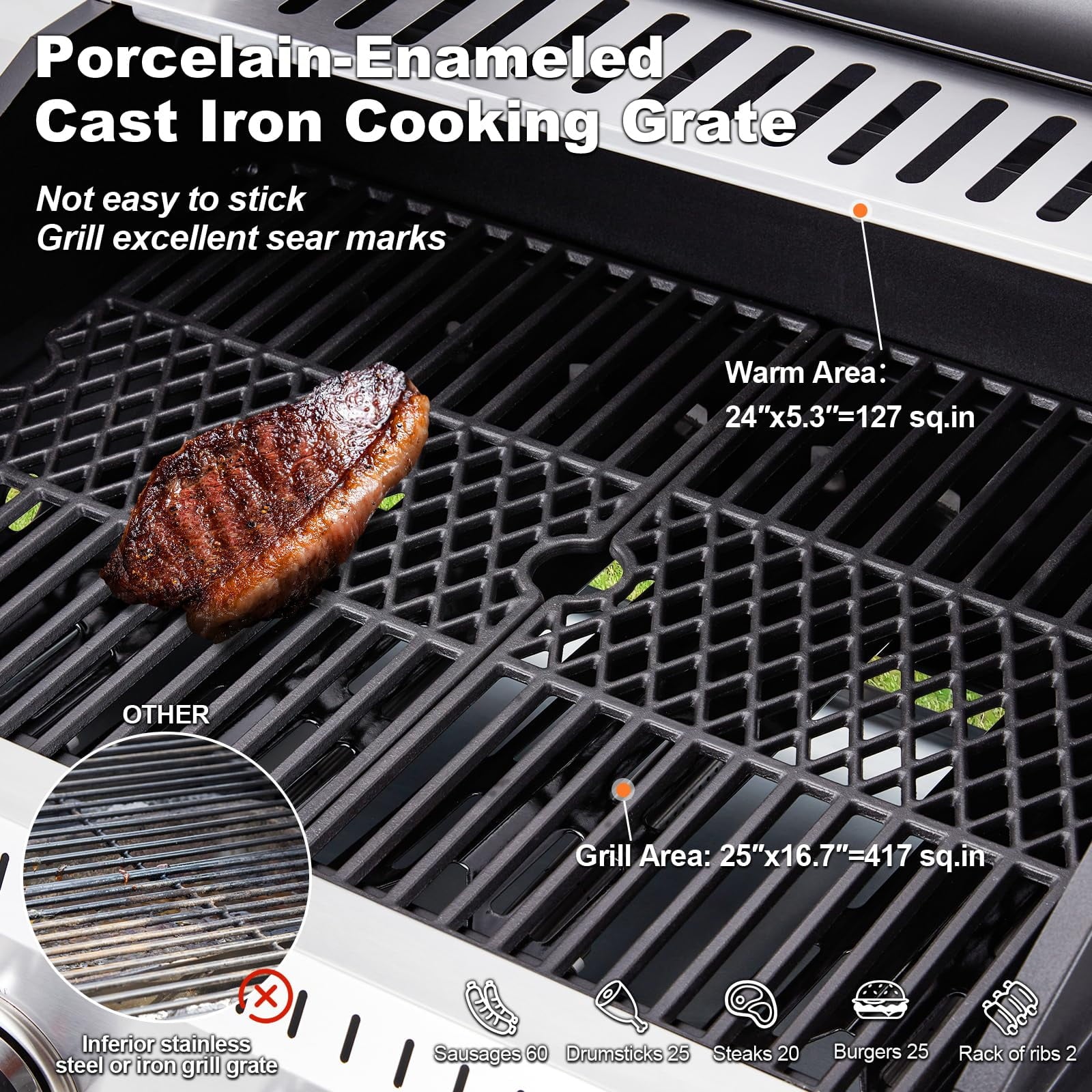 MELLCOM Upgraded 36,000 BTU Stainless Steel Burner Barbecue Grill, 3 Burner BBQ Propane Gas Grill with Cast Iron Grates & Side Stove for Patio, Camping, Outdoor Cooking