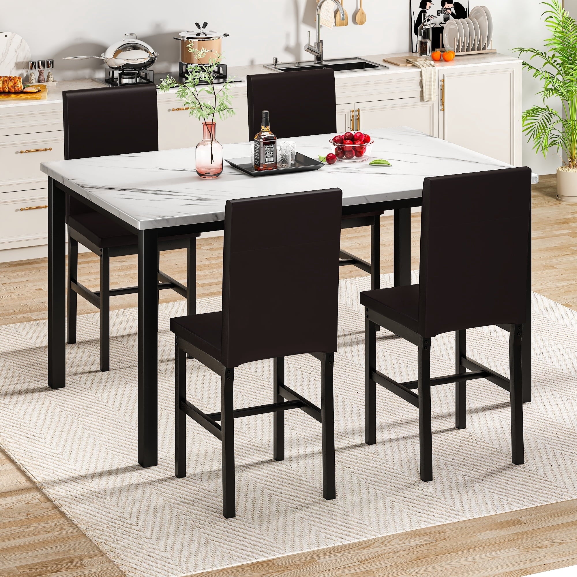 AWQM 5 Piece Dining Table Set, Faux Marble Kitchen Table and Chairs for 4, Dining Room Table Set with 4 PU Leather Chairs, White