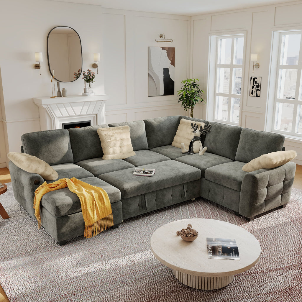 BedLuxury 83 Sectional Sleeper Sofa With Pull Out Bed, Storage Seat & USB Charging, L Shape Modern Couch for Living Room, Corduroy Gray