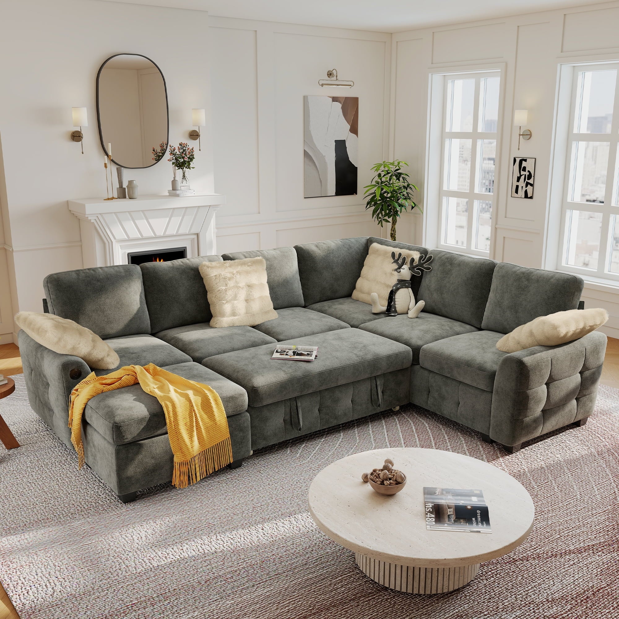 BedLuxury 83 Sectional Sleeper Sofa With Pull Out Bed, Storage Seat & USB Charging, L Shape Modern Couch for Living Room, Corduroy Gray