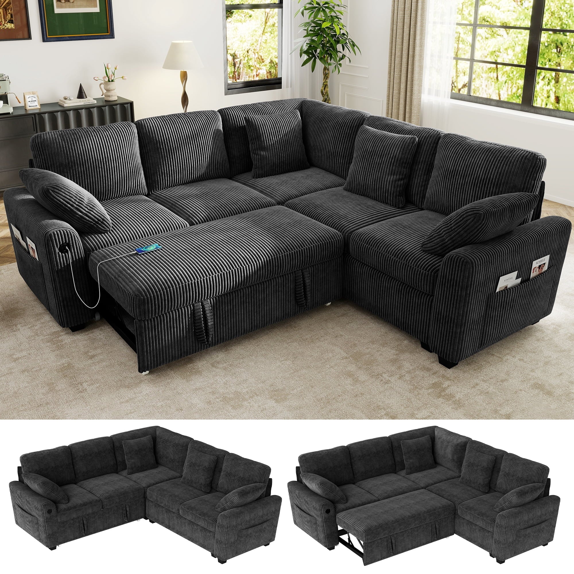 BedLuxury 83 Sectional Sleeper Sofa With Pull Out Bed, Storage Seat & USB Charging, L Shape Modern Couch for Living Room, Corduroy Gray
