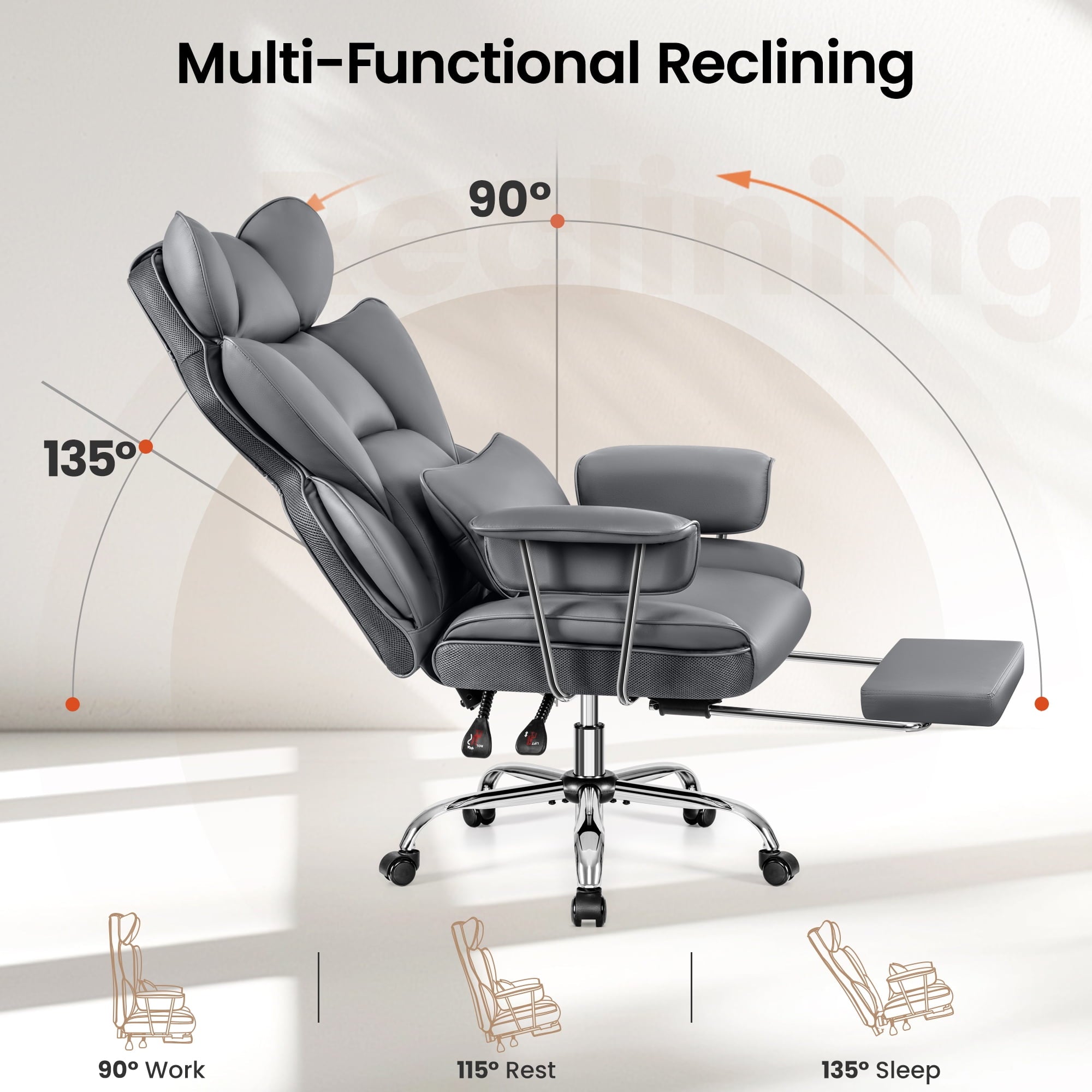 Primy High Back Office Chair, Big and Tall PU Leather Executive Chair with Footrest – Ergonomic Reclining Computer Desk Chair, High-Density Foam, Heavy Duty Swivel Rolling Chair, Black