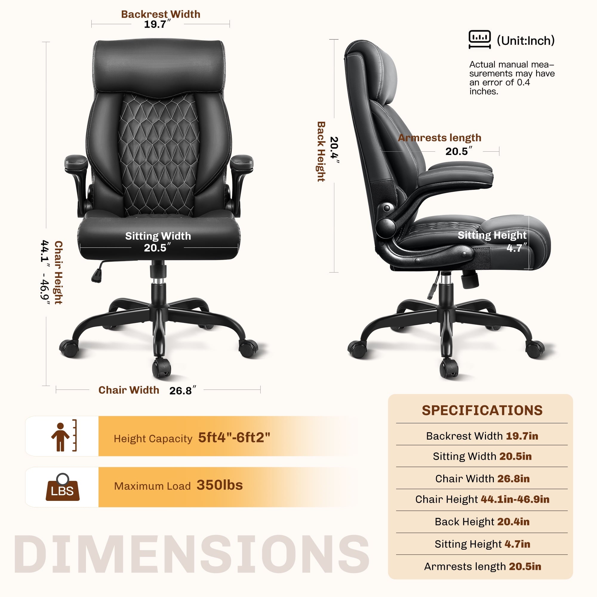 FASTES Executive Office Chair, Ergonomic Desk Chair with Adjustable Armrests, Computer Leather Chair Big and Tall Office Chair with Footrest and Lumbar Support, Brown