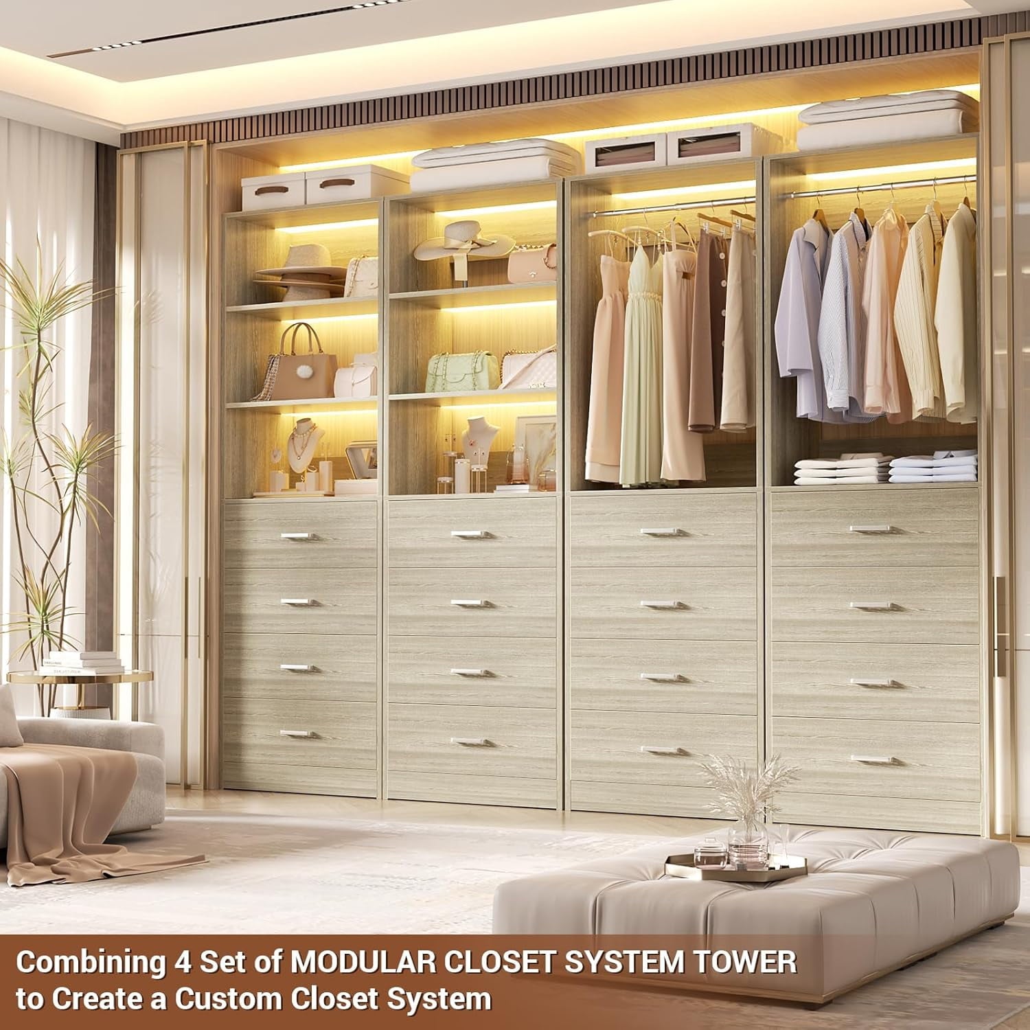 Homieasy 21.3 Inch Freestanding Closet System with 4 Wood Drawers and 3 Shelves for Walk-in Closet, Bedroom, White