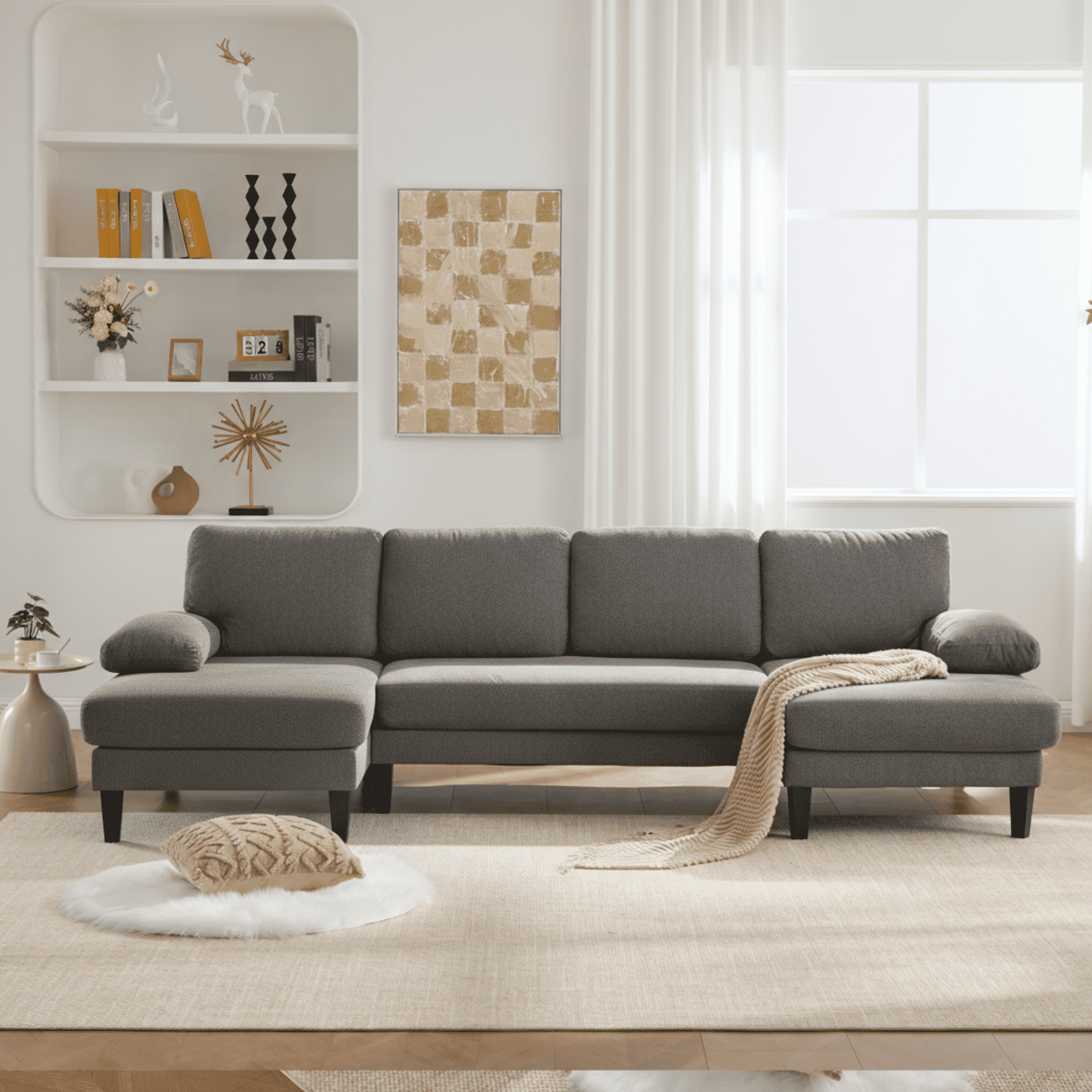 BINBANK L-Shaped Chenille Pull Out Sleeper and Storage Chaise Sectional Futon Sofa Bed with USB, Gray/Beige