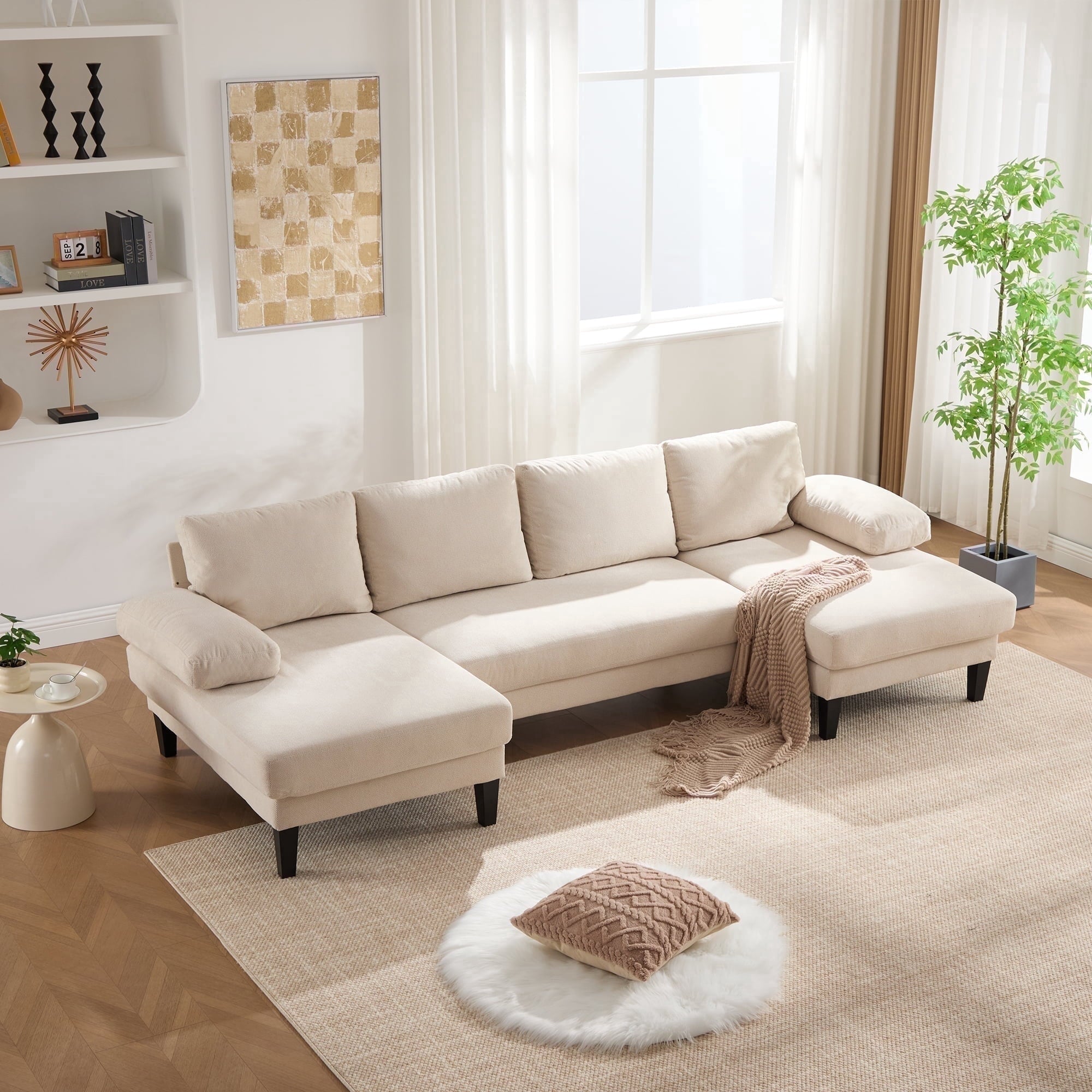 BINBANK L-Shaped Chenille Pull Out Sleeper and Storage Chaise Sectional Futon Sofa Bed with USB, Gray/Beige
