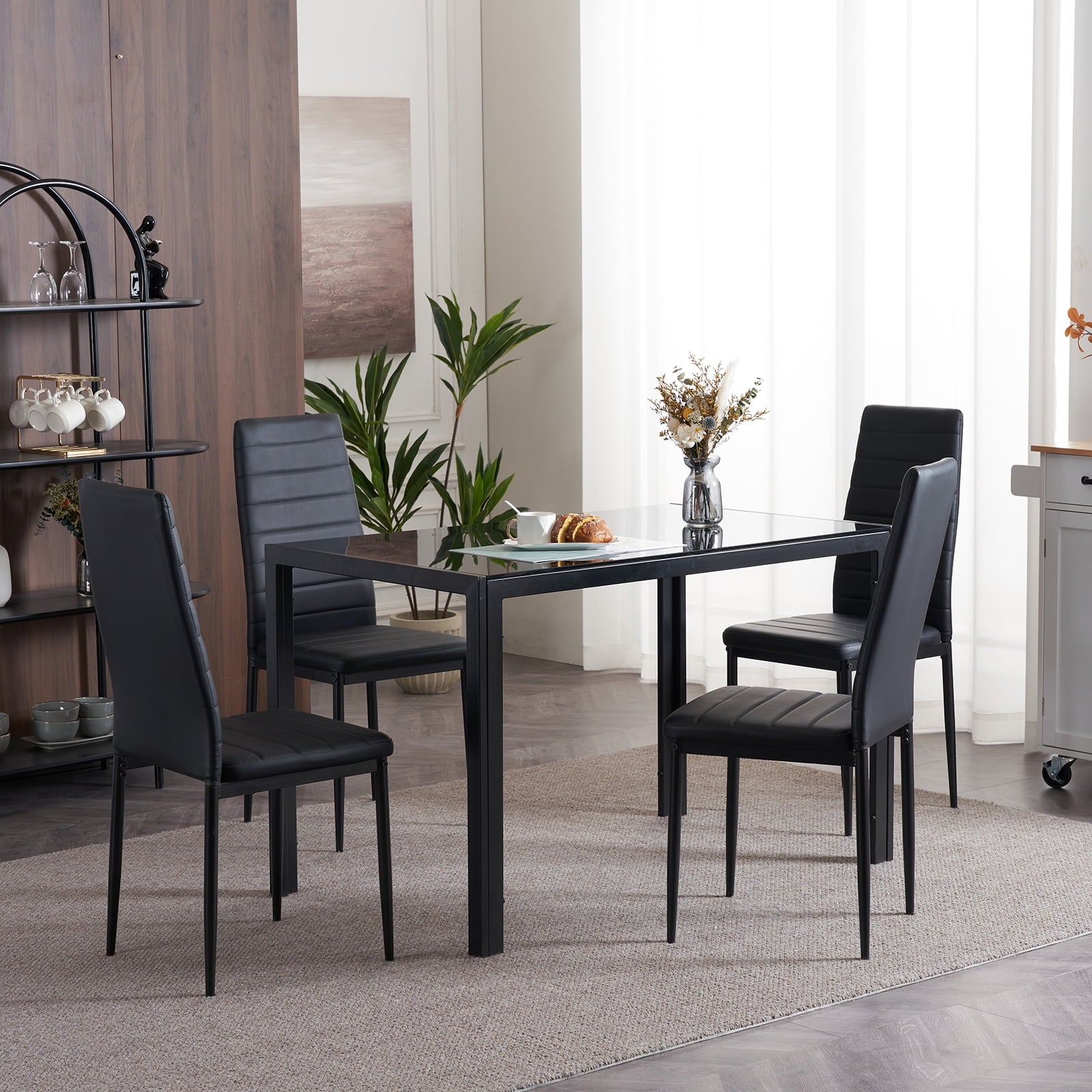 Ktaxon Solid Wood Dining Table Set for 6, Mid-Century Dining Room Table with 4 Padded Chairs & Bench, 47.3 Dining Room Set for 4~6 Family Use, Natural Wood