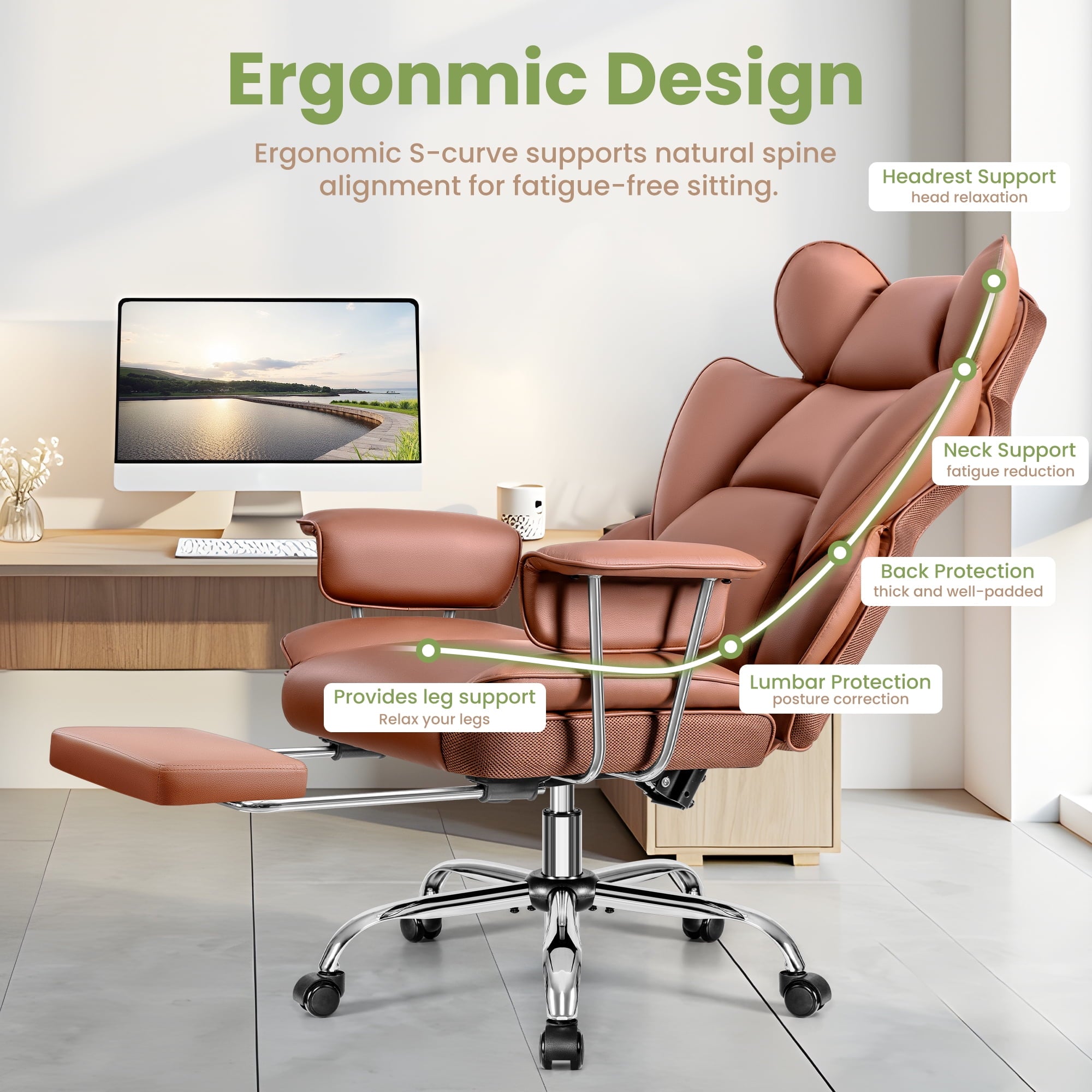 ATHOPE Executive Leather Office Chair 500lbs, Big and Tall Desk Chair with Footrest, High Back Ergonomic Reclining Computer Chair, High-Density Foam, Heavy Duty Swivel Rolling Chair, Black