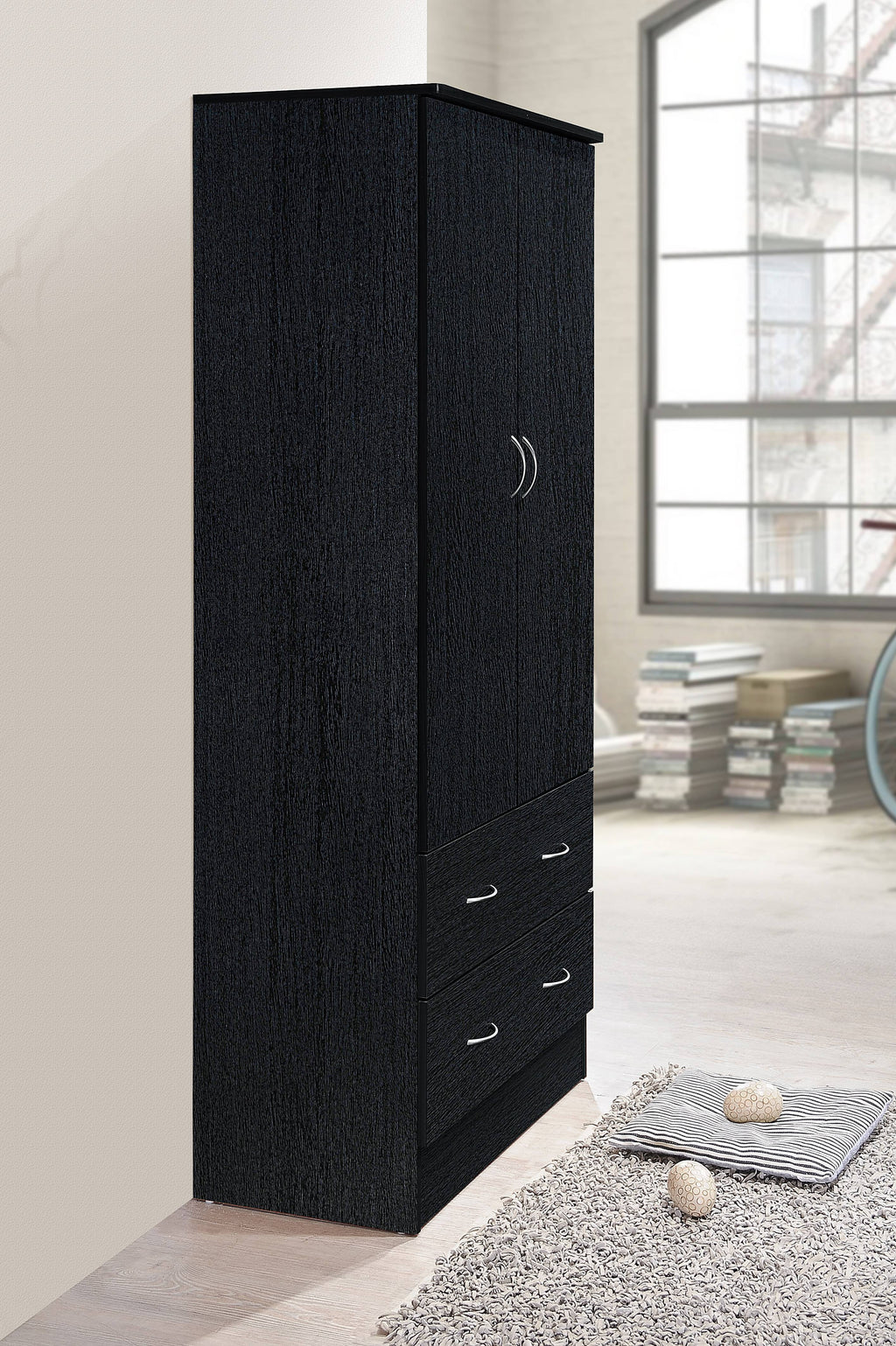 Hodedah 2-Door Armoire with 2-Drawers and Clothing Rod in Black