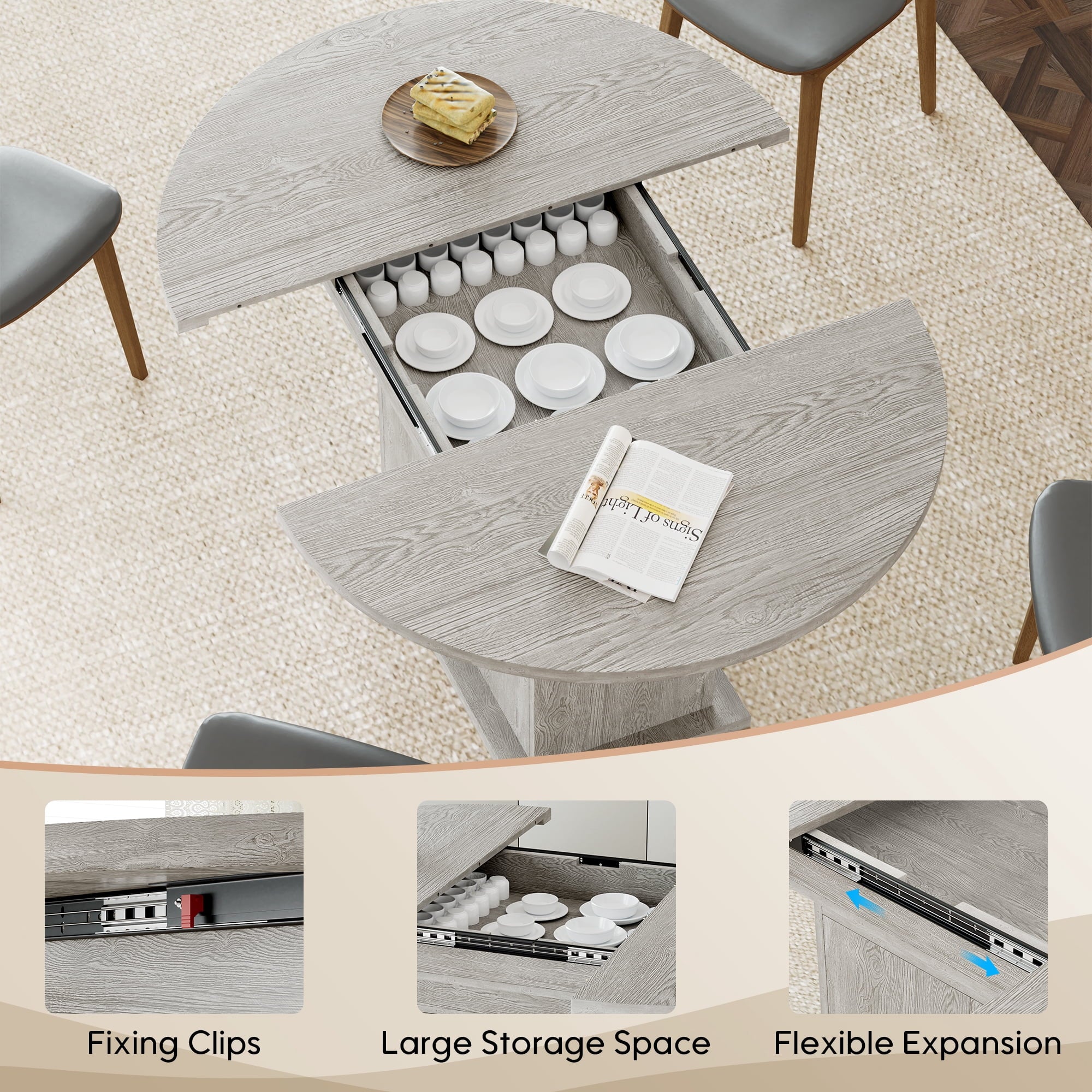 WARAYZ 43.3–59in Extendable Dining Table, Wood Expandable Design with Hidden Storage, Rectangular Space-Saving Dark Brown