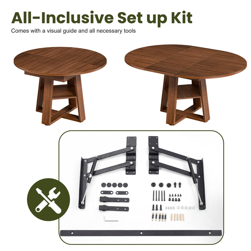 EDX 43.3″–59″ Extendable Round Dining Table for 4-8, Modern Oval Dining Table with Removable Leaves, Wooden Kitchen Table with Storage Shelf Base, Space Saving for Kitchen Living Room, Black