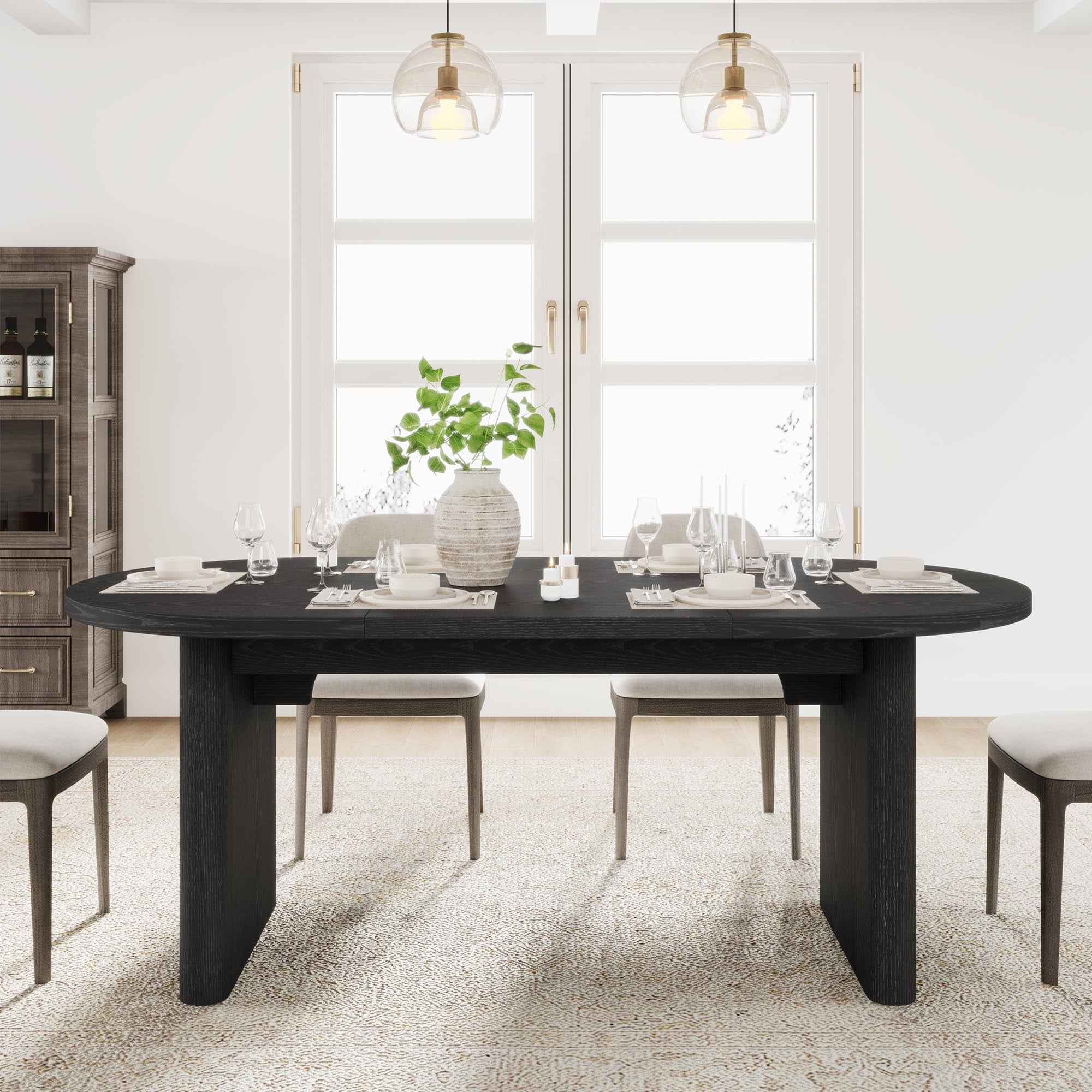 70.8 Inch Oval Farmhouse Dining Table for 6-8 People, Long Large Kitchen Table with Thick Sturdy Wooden Base-Natural