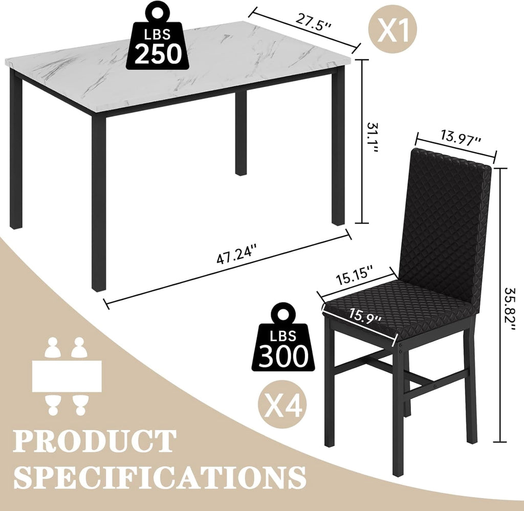 Baxluxe Dining Table Set for 4, Modern 5 Piece Dining Table Set, Faux Marble Kitchen Table and 4 Velvet Upholstered Chairs for Apartments, Dining Rooms, Small Spaces, Gray