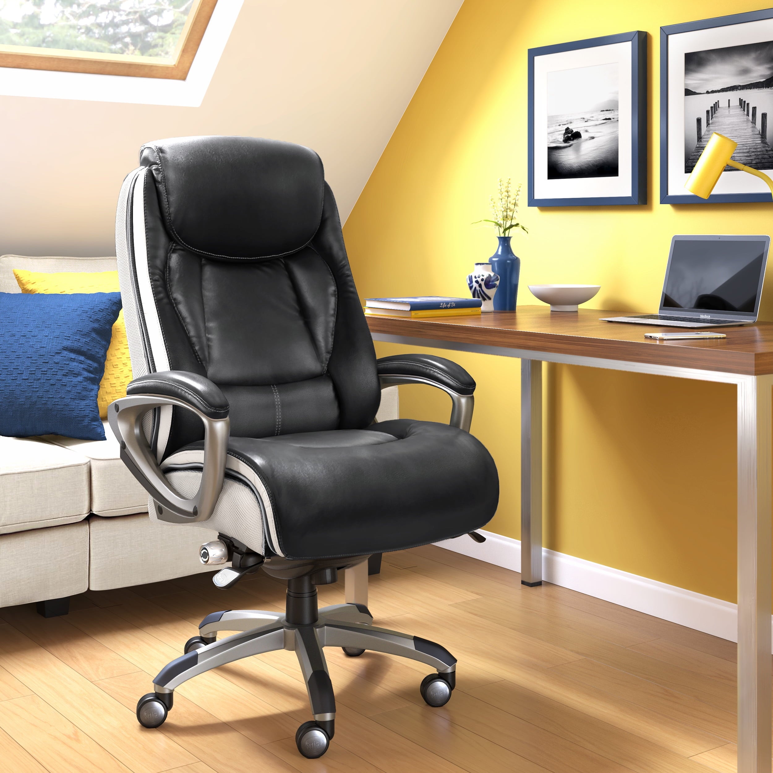 Serta Lautner Executive Home Office Desk Chair, Ergonomic High-Back with Adjustable Lumbar and Body Pillows, SmartLayers and ComfortCoils Technology, Mesh and Bonded Leather, Black and Gray
