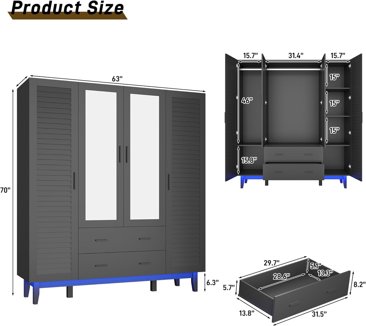 Blotout 70 Armoire Wardrobe Closet with Mirror & LED Lights, LED White Louver Door Wardrobe Armoire with 3 Drawers & Hanging Rods, Large 3 Doors Armoire Storage with Multi-Layer Shelves