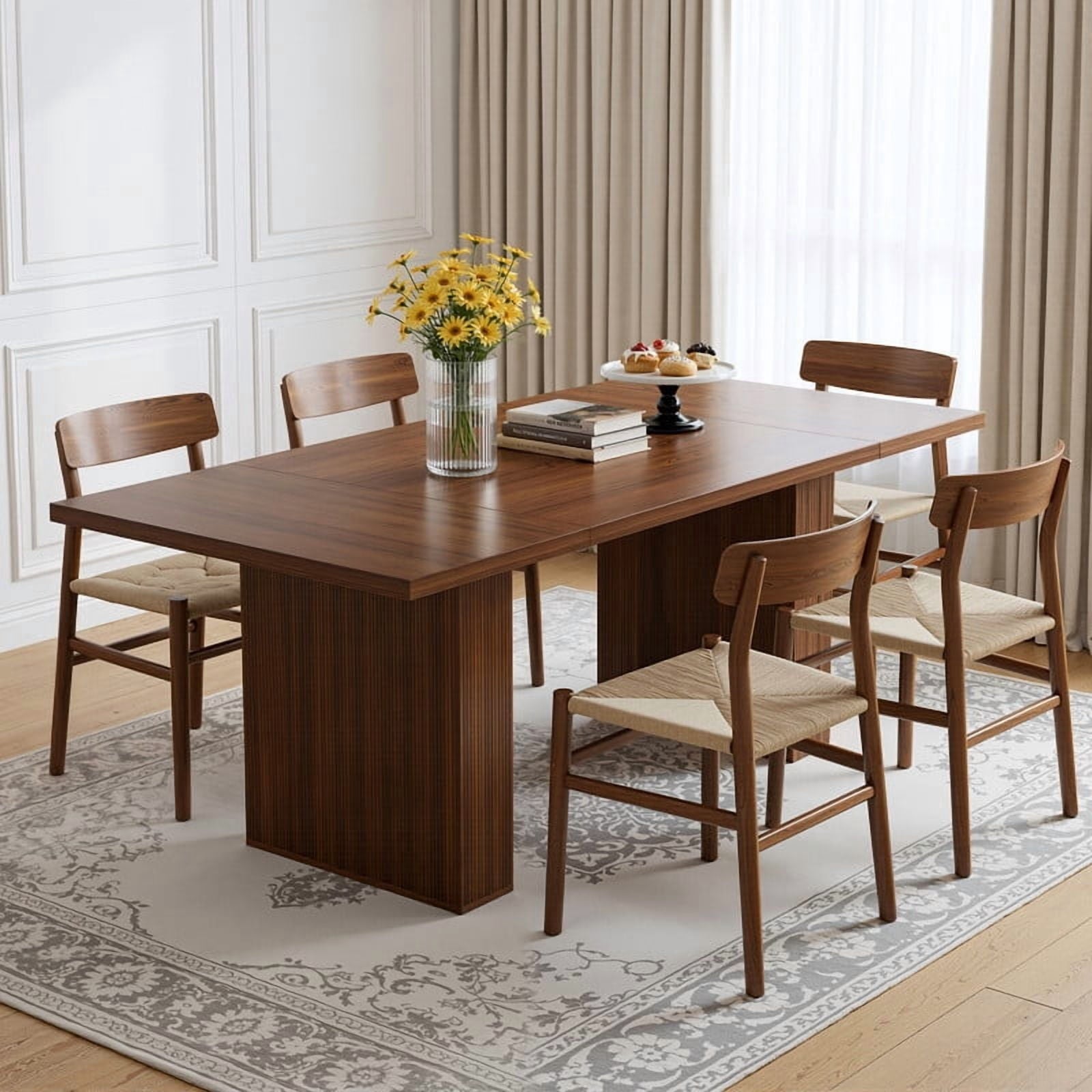 Hawsaiy Dining Table Set for 4, 78 Farmhouse Dining Table with 4 Upholstered Dining Chairs, Large Kitchen Table Set with Modern Shell Back Chairs & Metal Legs for Dining Room(Walnut + Black)