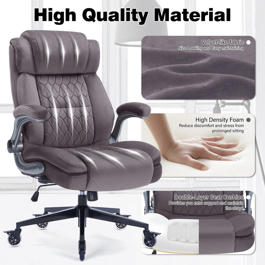 High Back Office Chair with Lockable Wheels, 400lbs Large Fabric Executive Desk Chair, Adjustable Lumbar Support Flip up Arms, Ergonomic Home Office Computer Chair with Storage Pocket, Black