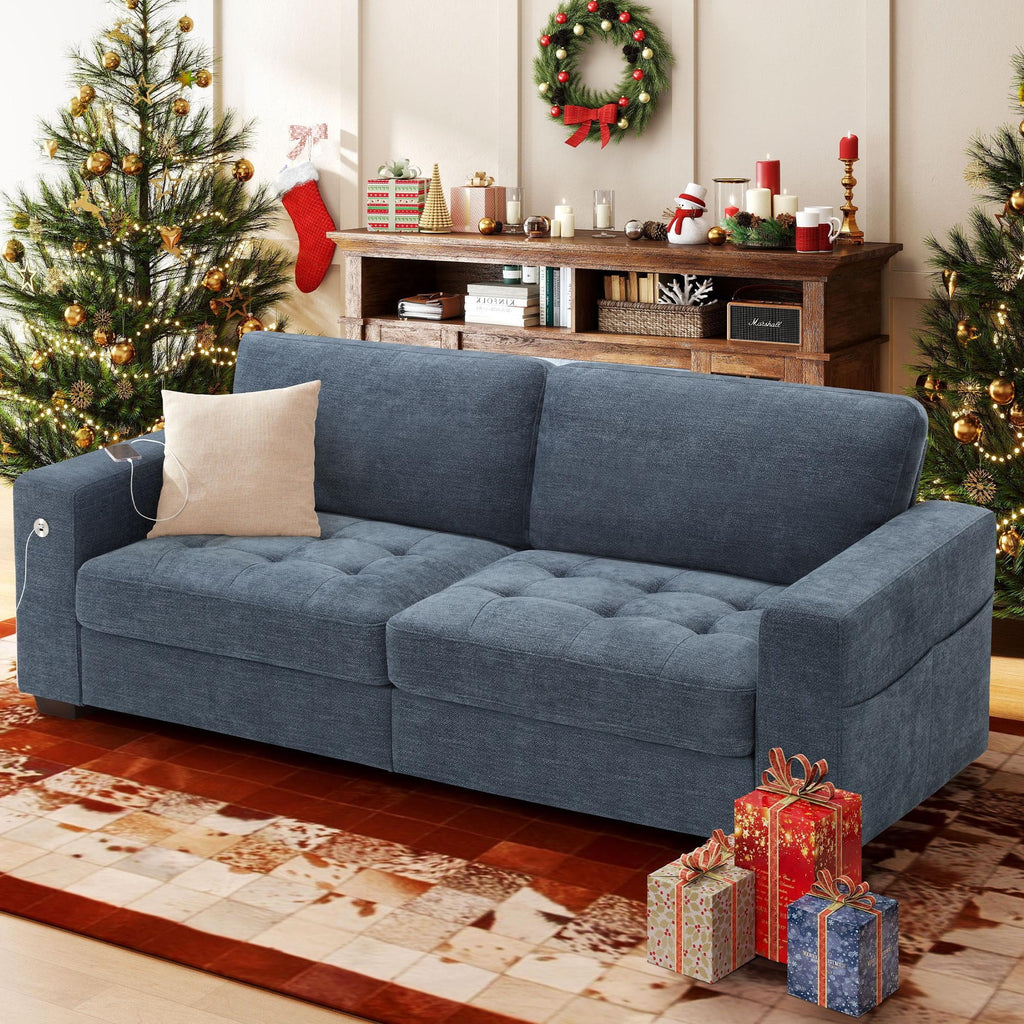 Bedluxury 89 Deep Sofa Couch with USB/Type-C Charging, Storage Pocket & Wide Armrest, Removable Cover, Seats 3 Adults, Chenille Beige