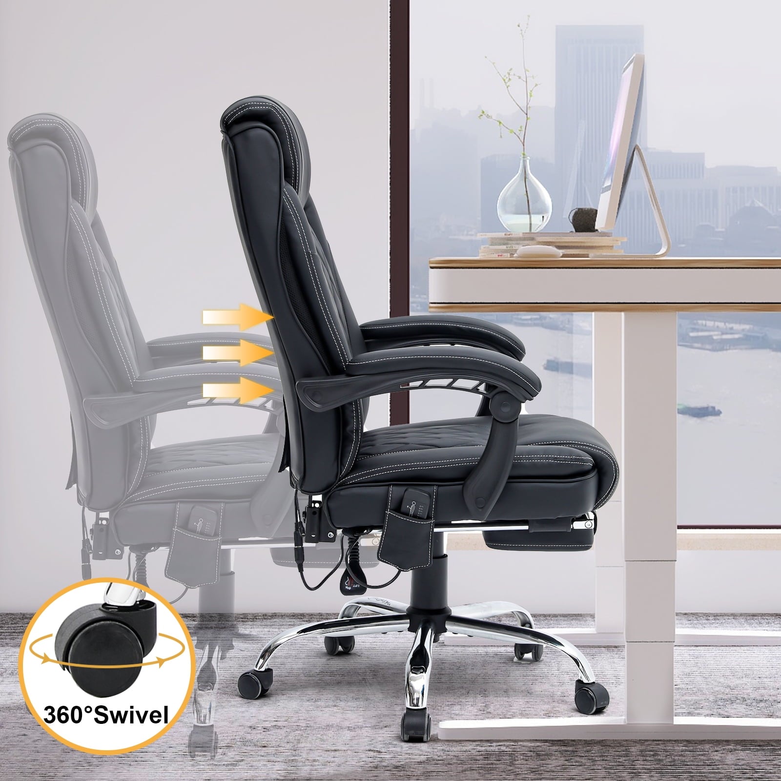 HOMREST Ergonomic Office Chair with 6-Point Massage & Heating, Adjustable Executive Desk Chair with Retractable Footrest, PU Leather Home Office Desk Chair for Home & Office (Black)