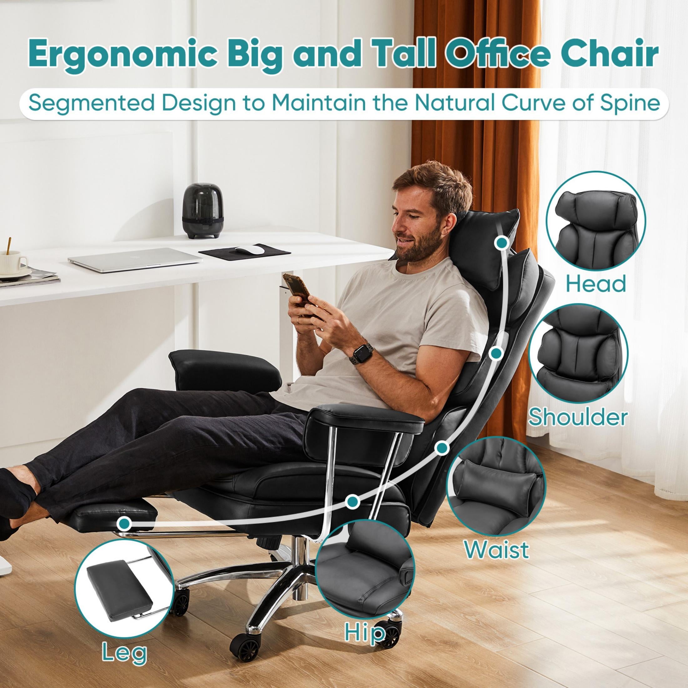 edx Executive Home Office Desk Chair, Ergonomic Big Tall High Back with Footrest & Lumbar Support, Reclining Comfy PU Leather Computer Gaming Chair with Swivel Wheels, Height Adjustable, Black