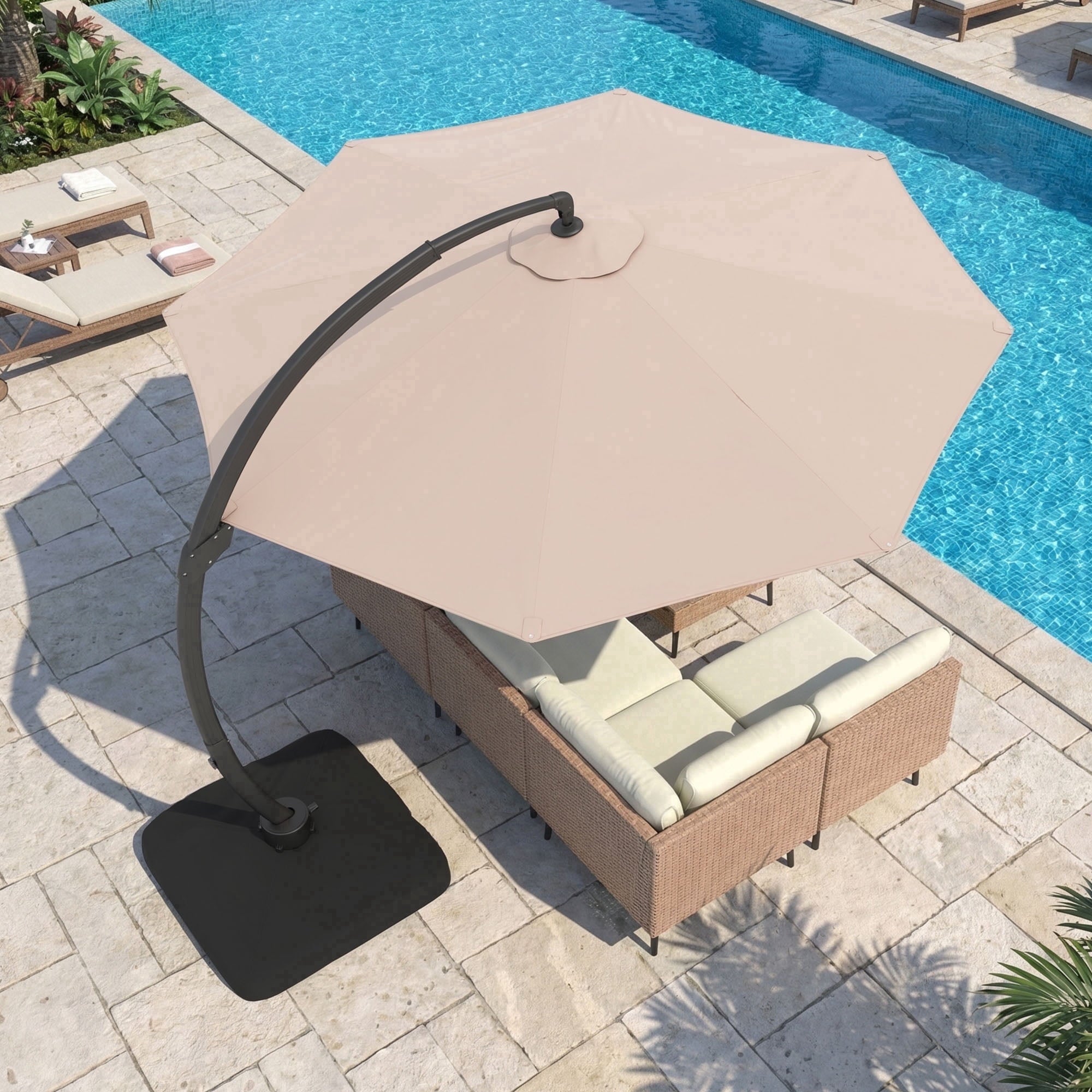 LAZZO 11ft Outdoor Patio Umbrella with Base, Aluminum Offset Cantilever Umbrella for Pool Deck, Champagne