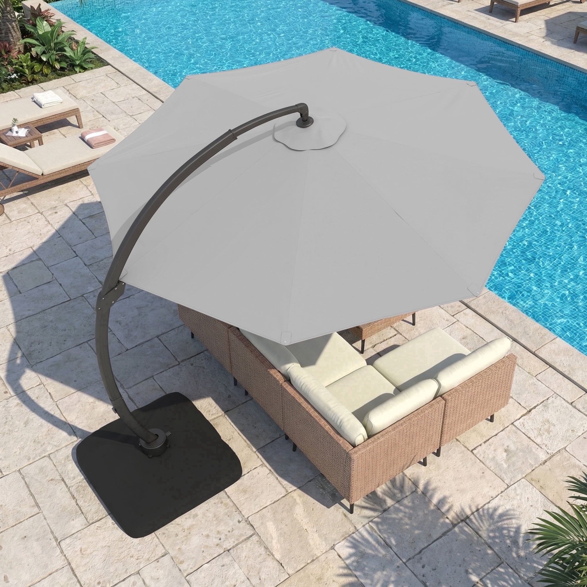 LAZZO 11ft Outdoor Patio Umbrella with Base, Aluminum Offset Cantilever Umbrella for Pool Deck, Champagne