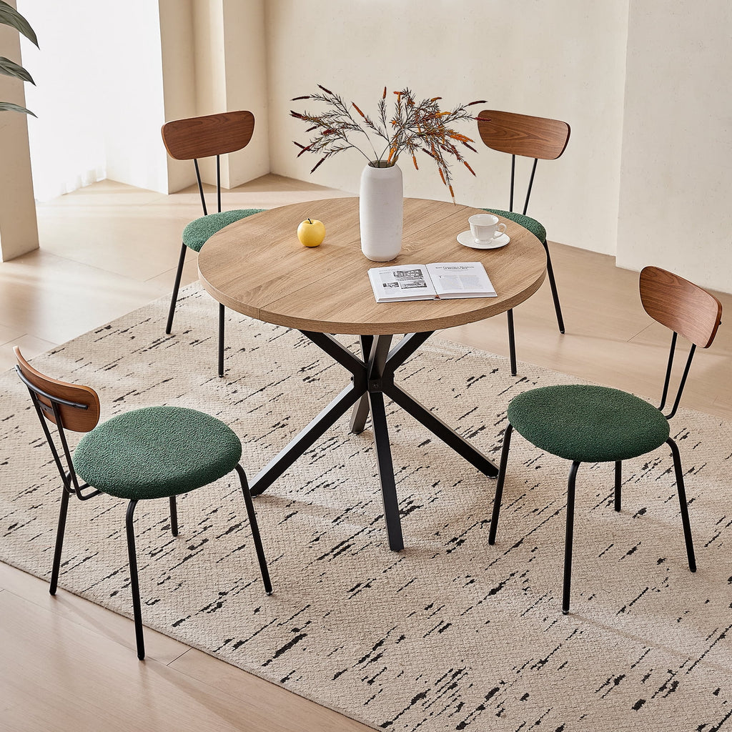 5 Piece 39 Round Dining Table Set for 4, Mid Century Kitchen Table with 4 Khaki Fabric Upholstered Dining Chairs for Apartment Living Room, Space Saving Table.