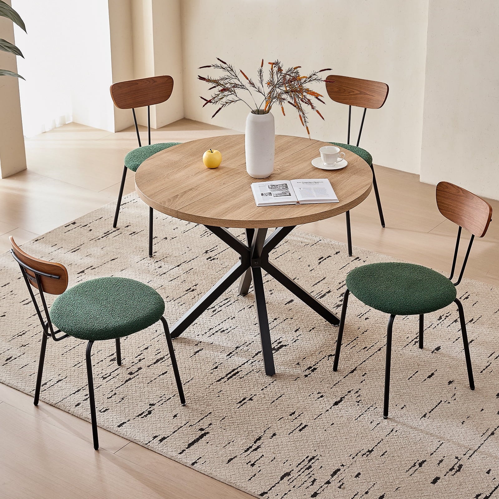 5 Piece 39 Round Dining Table Set for 4, Mid Century Kitchen Table with 4 Khaki Fabric Upholstered Dining Chairs for Apartment Living Room, Space Saving Table.