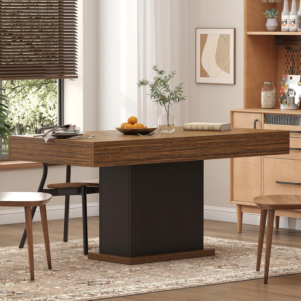 HAUXITIO 55 Inch Dining Table with LED Lights & 2 Drawers,Wooden Pedestal Base Table for 4-6 People,for Kitchen & Dining Room,White& Rustic Brown