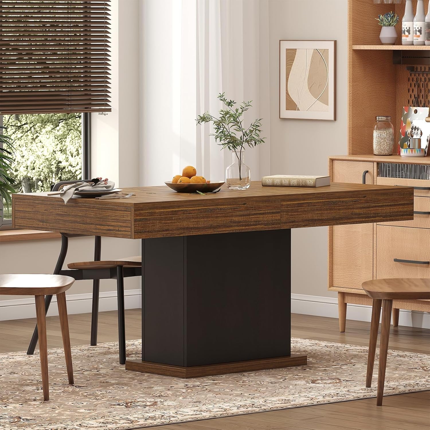 HAUXITIO 55 Inch Dining Table with LED Lights & 2 Drawers,Wooden Pedestal Base Table for 4-6 People,for Kitchen & Dining Room,White& Rustic Brown