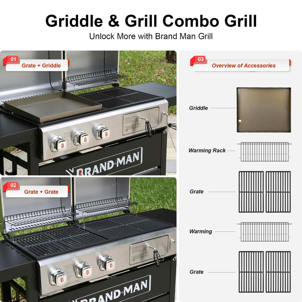 Brand Man Propane 6-Burner Combo Gas Grill with Flat Top Griddle, Heavy Duty 2-in-1 BBQ with Stainless Steel Lids for Outdoor Barbecue