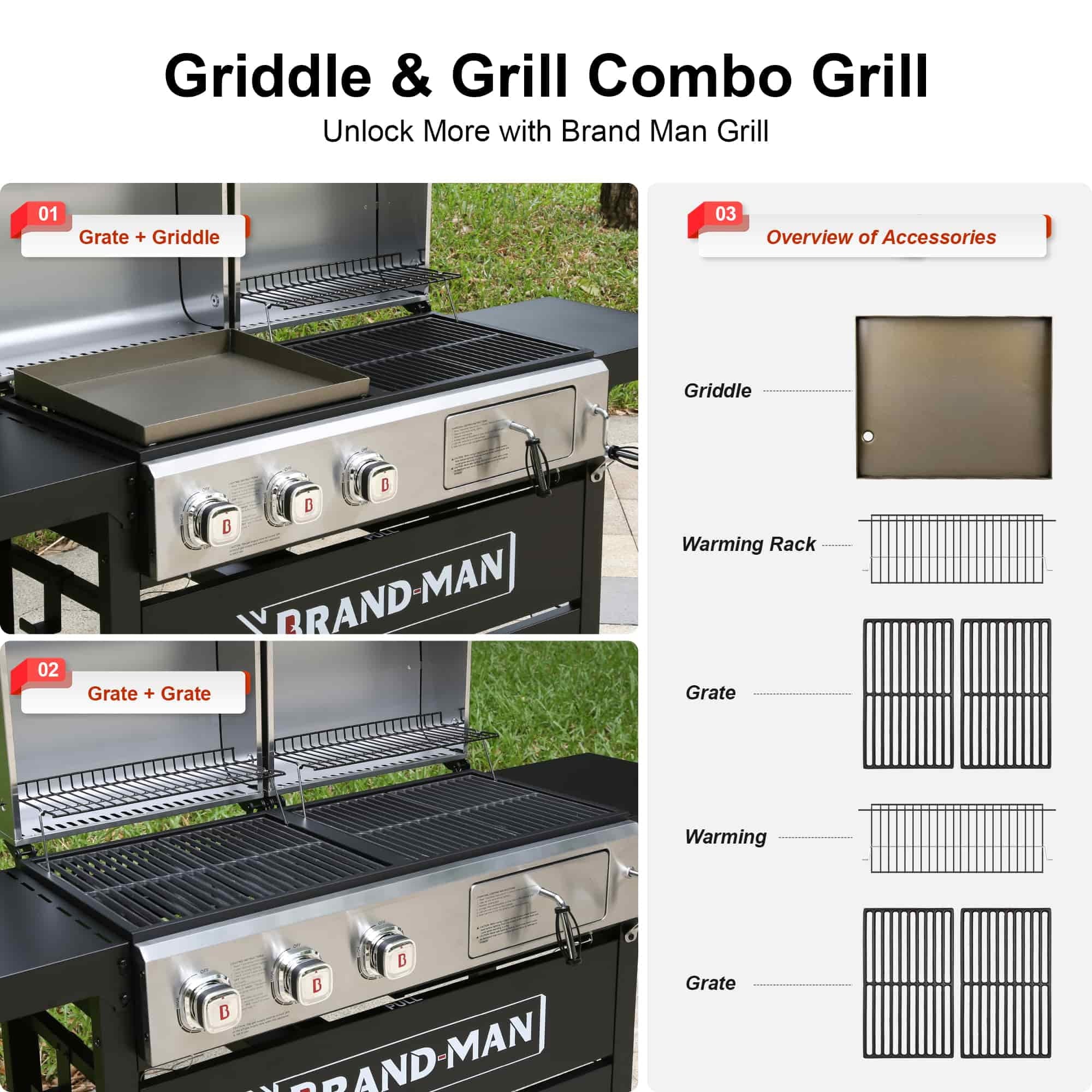 Brand Man Propane 6-Burner Combo Gas Grill with Flat Top Griddle, Heavy Duty 2-in-1 BBQ with Stainless Steel Lids for Outdoor Barbecue