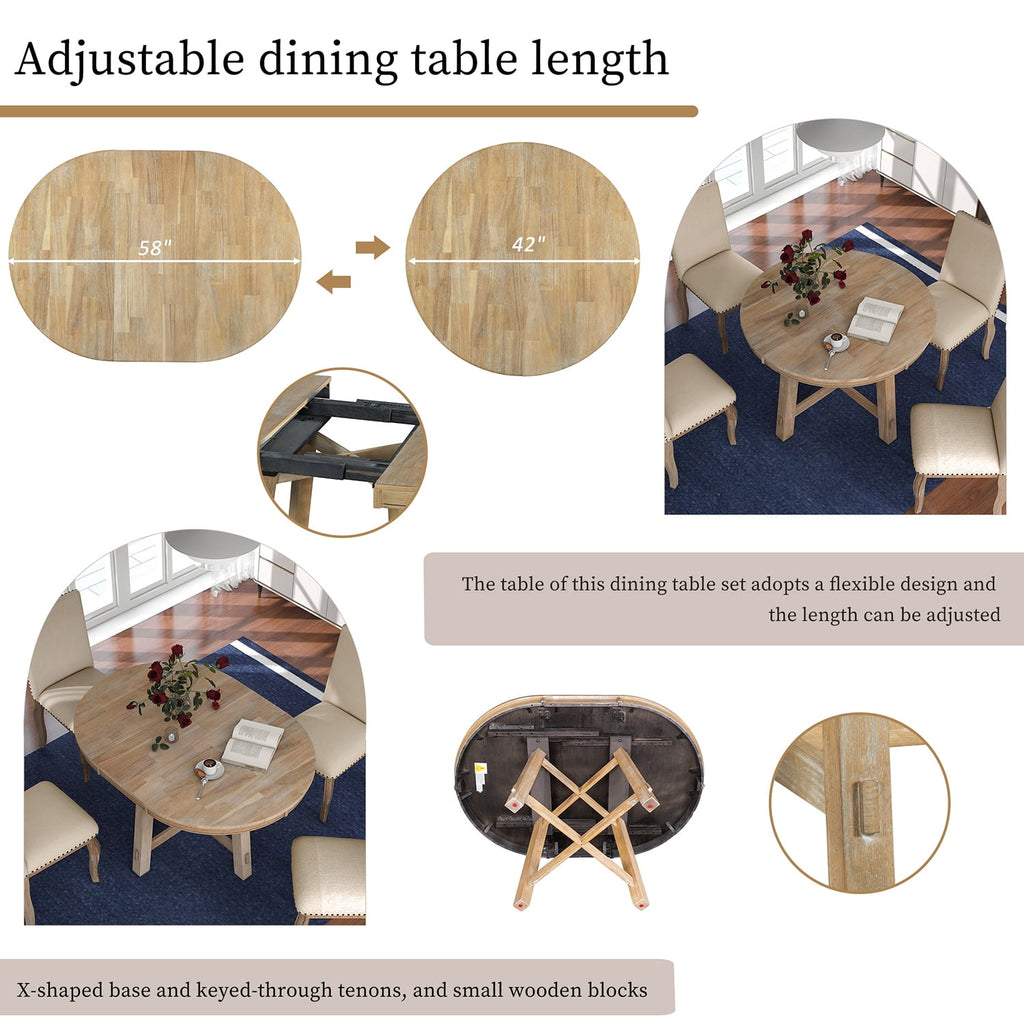 Harper & Bright Designs Extendable Dining Table Set for 4 Upholstered Chairs Functional Retro Style Table for Dining Room Kitchen, Natural Wood Wash