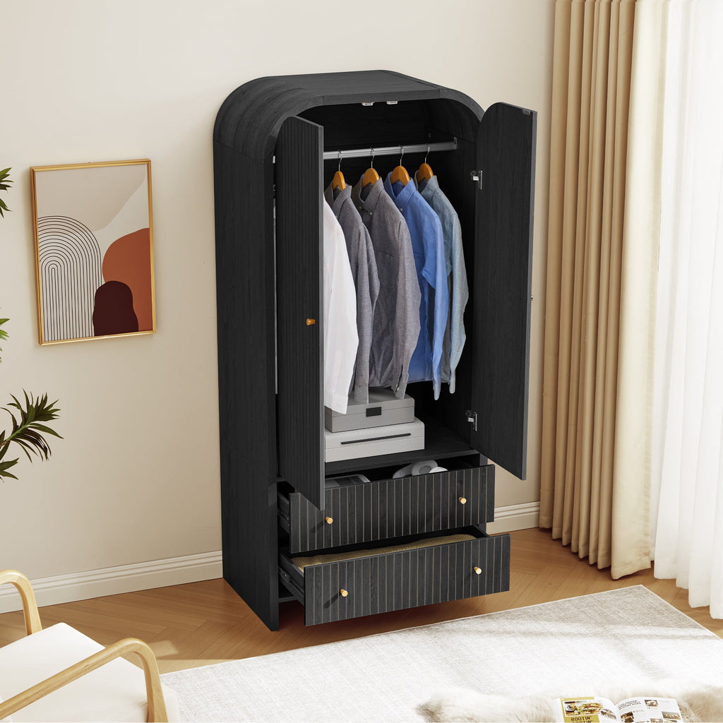 Wirrytor Freestanding Wooden Armoire Wardrobe with 2 Woven Doors and Storage Drawers, Space-Saving Closet Cabinet for Bedroom, Sturdy Mdf Board Closet with Hanging Rail