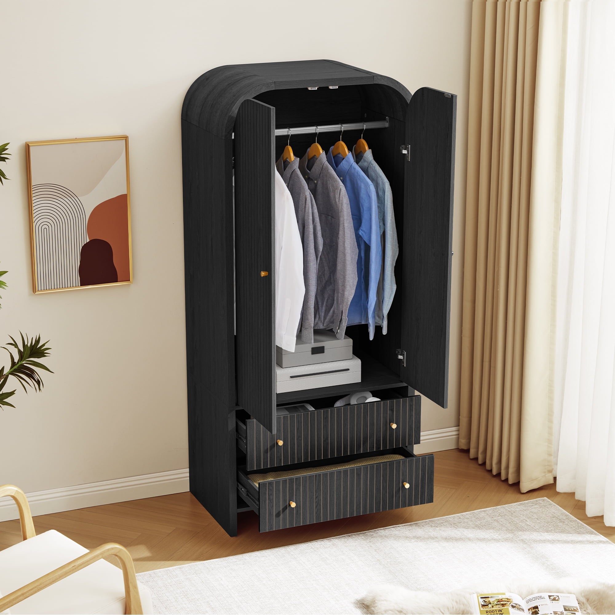 Wirrytor Freestanding Wooden Armoire Wardrobe with 2 Woven Doors and Storage Drawers, Space-Saving Closet Cabinet for Bedroom, Sturdy Mdf Board Closet with Hanging Rail