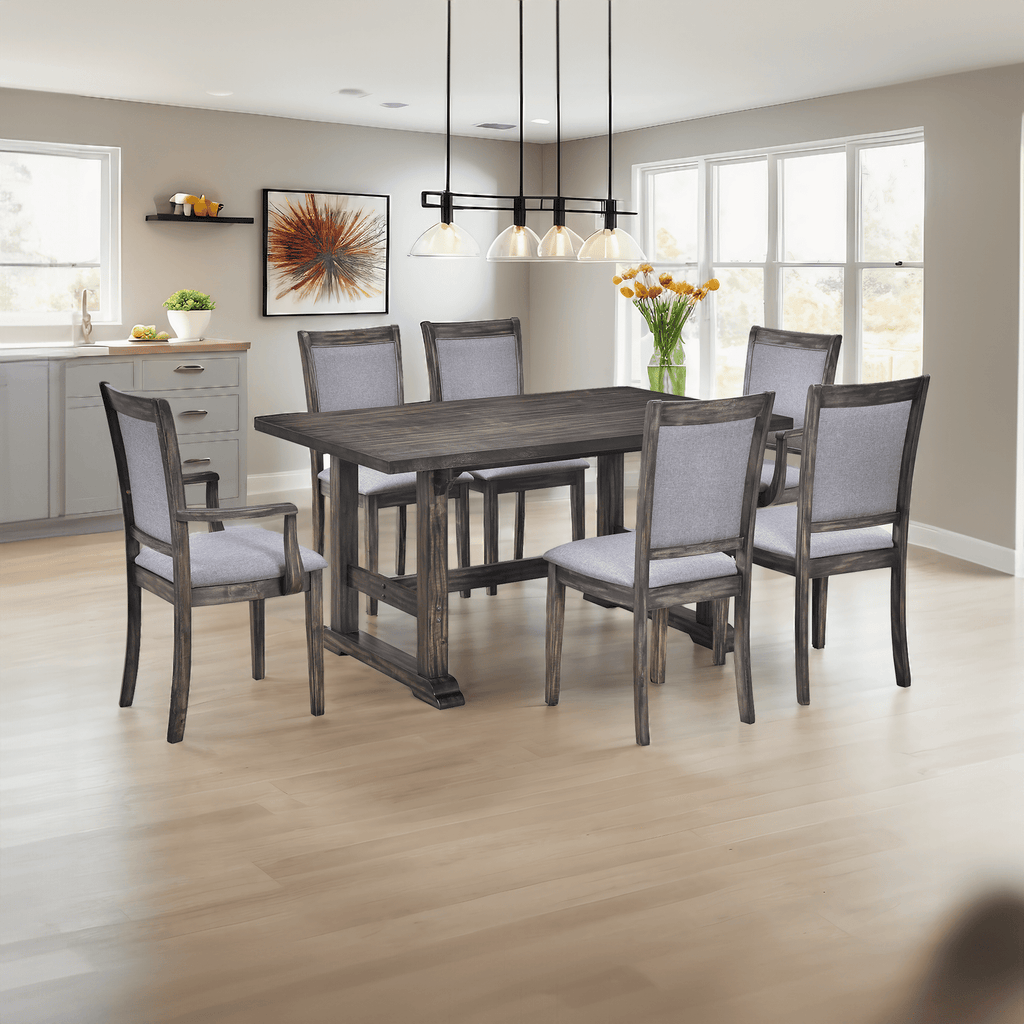 Harper & Bright Designs 7 Pieces Retro Dining Set for 6, Wood Rectangular Table with Designed Trestle Base and 6 Upholstered Chairs for Dining Room and Kitchen, Grey