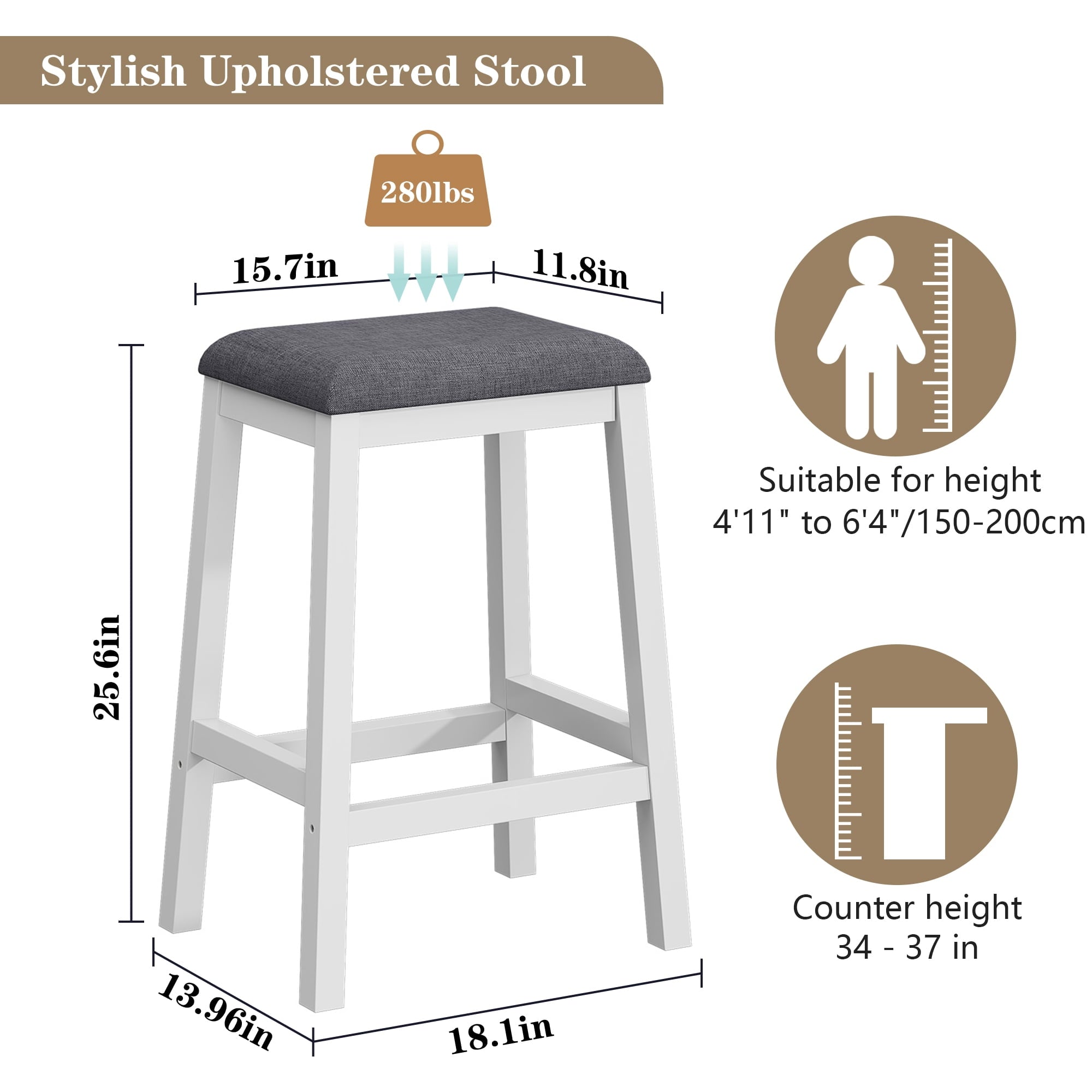 HLR 24.8 Bar Stools, Farmhouse Set of 2 Bar Chairs with Cushion for Kitchen, Dining Room, Cafe Black