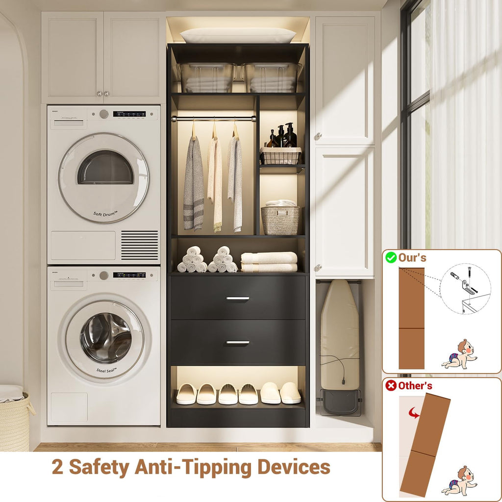 Homieasy Freestanding 24 Closet System with 2 Wood Drawers, 2FT Small Closet Organizer System with 6 Shelves & Hanging Rod, Walk-in Closet Systems for Small Closets, White