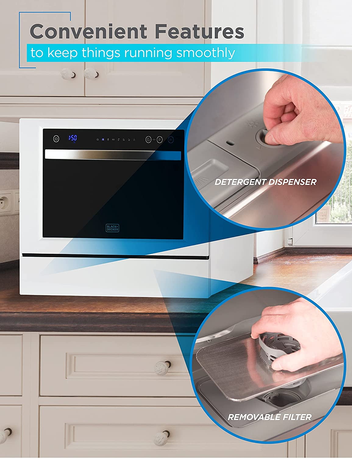 BLACK+DECKER 6-Place Setting Compact Countertop Dishwasher, Accommodates up to 10-In. Dinner Plates, BCD6W