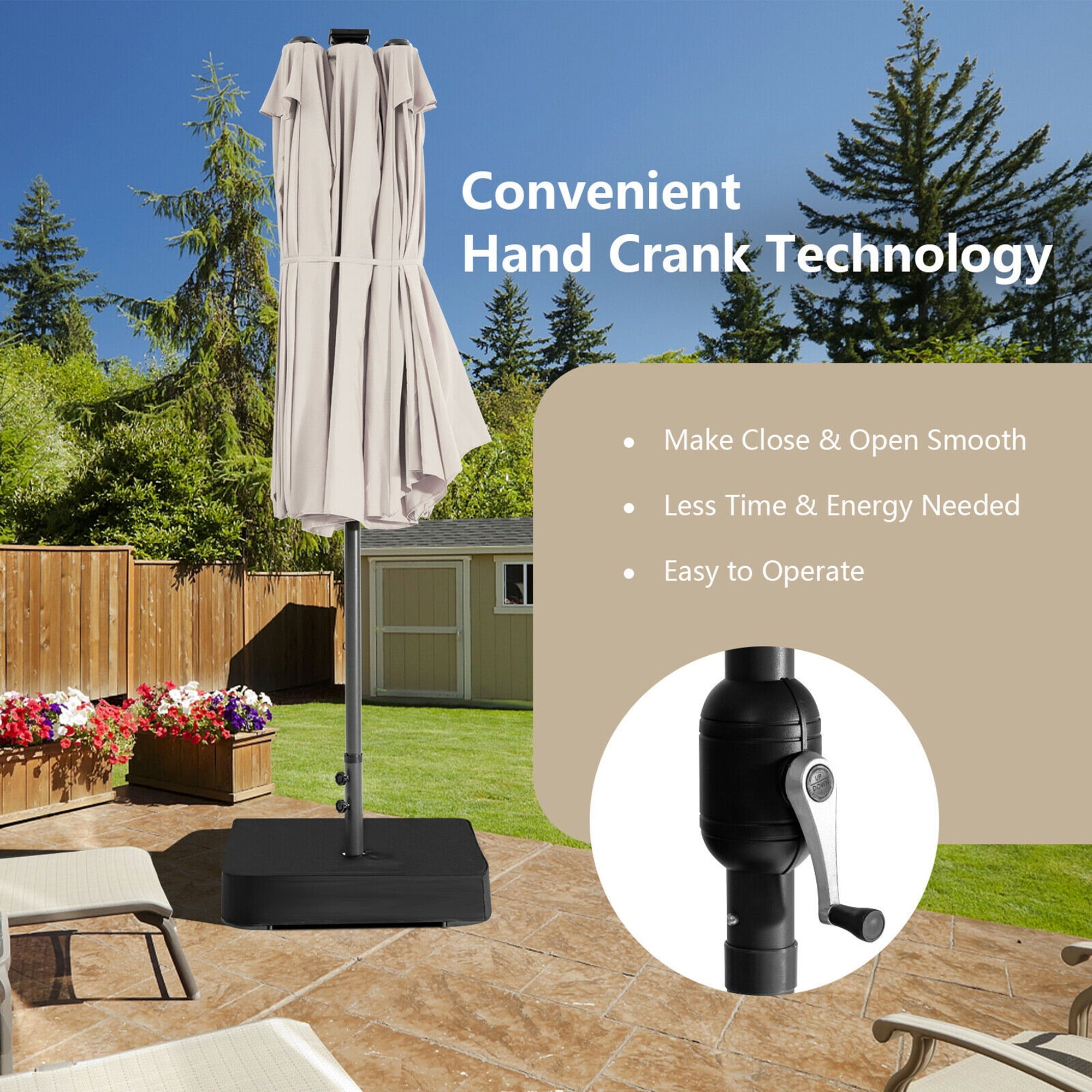Gymax Outdoor 15' Double-Sided Patio Umbrella 48 Solar LED Lights Crank & Base Coffee