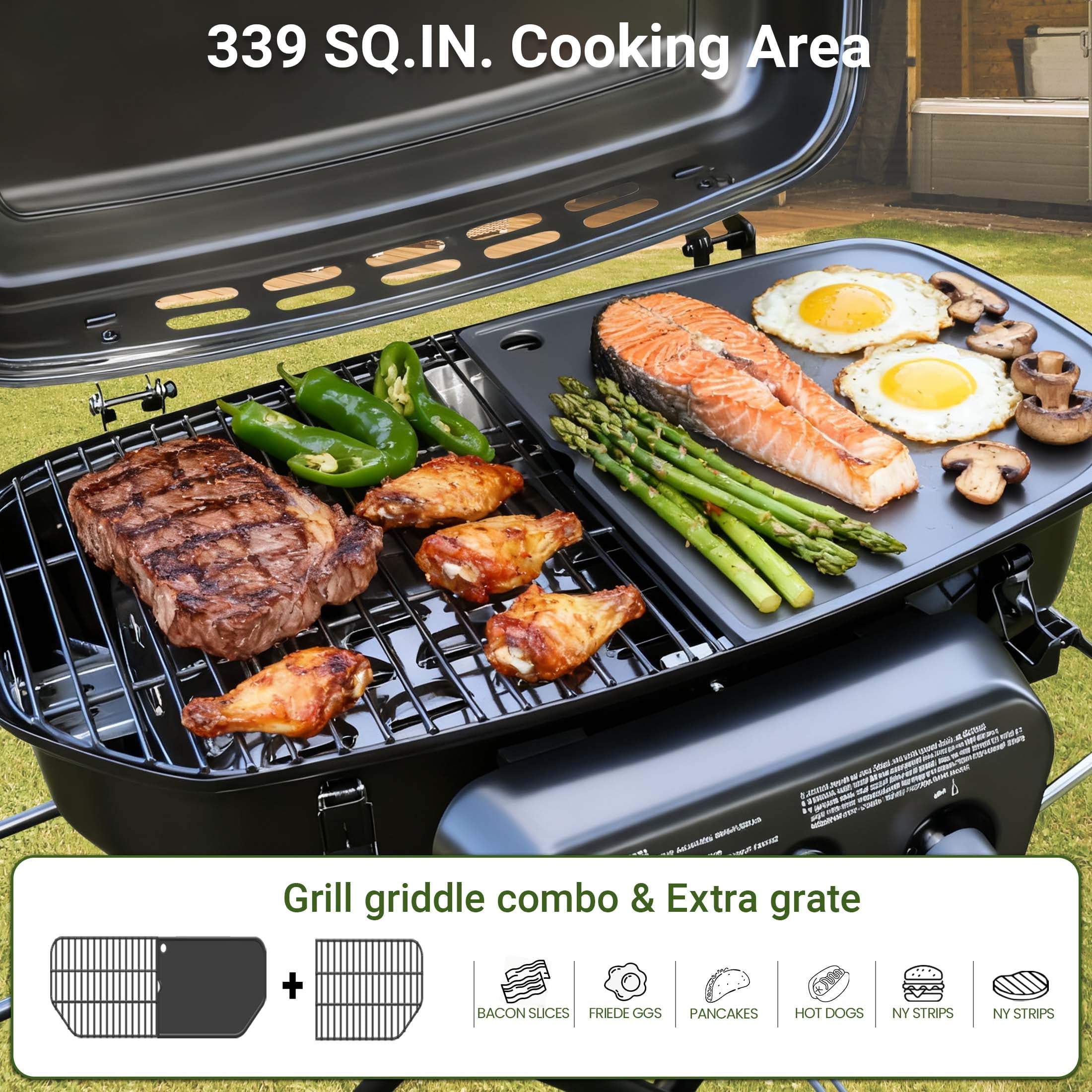 Brand Man Portable 2-Burner Camping Propane Gas Grill, Enameled Foldable BBQ with Griddle for Outdoor Cooking, Green