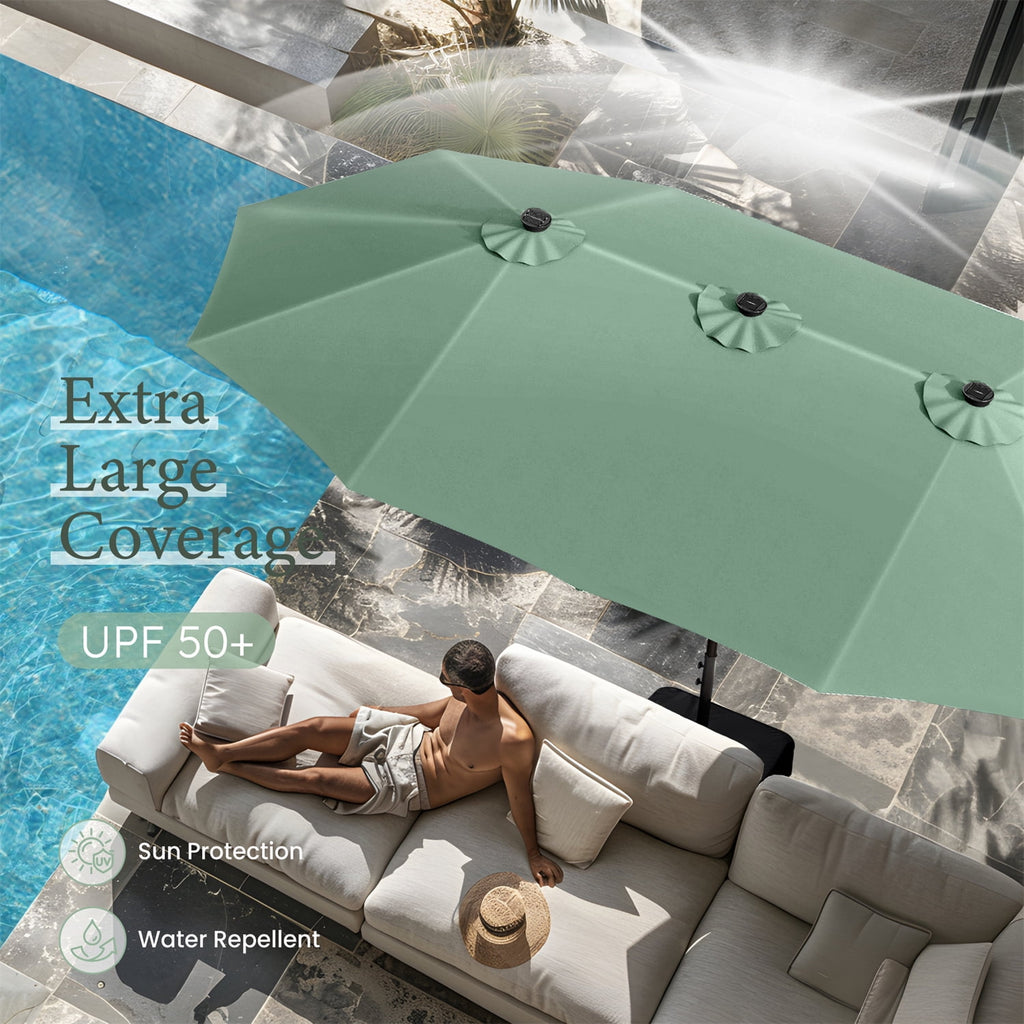 SUMMIT LIVING 15 FT Double-Sided Solar Patio Umbrella with Base Large Outdoor Umbrella with LED Solar Lights - Haze Blue