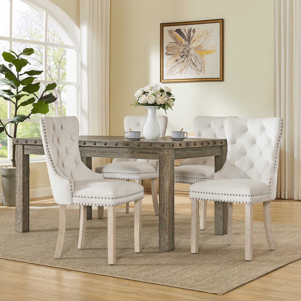 Farmhouse Dining Table Set for 6, Rectangular Wooden Table& 6 Upholstered Kitchen Chairs with Nailhead Accents for Dining Hub,Breakfast Nook