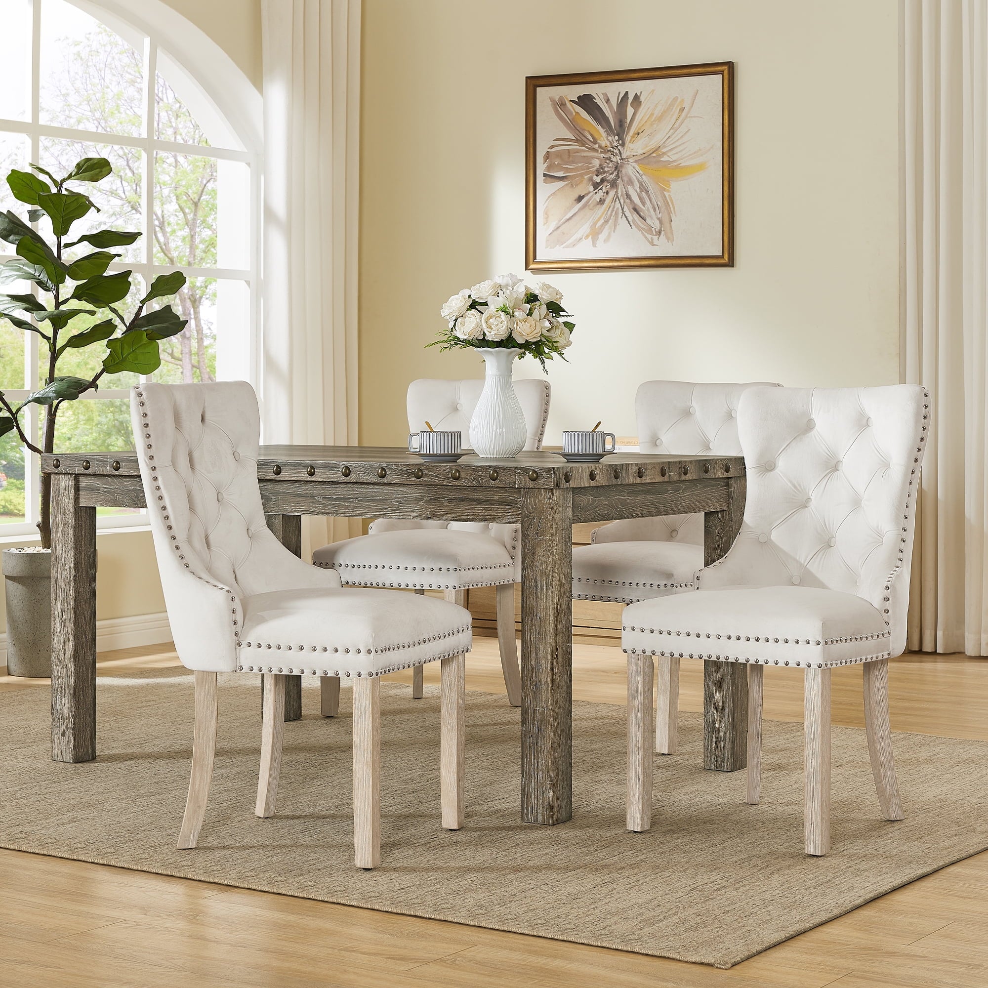 Farmhouse Dining Table Set for 6, Rectangular Wooden Table& 6 Upholstered Kitchen Chairs with Nailhead Accents for Dining Hub,Breakfast Nook