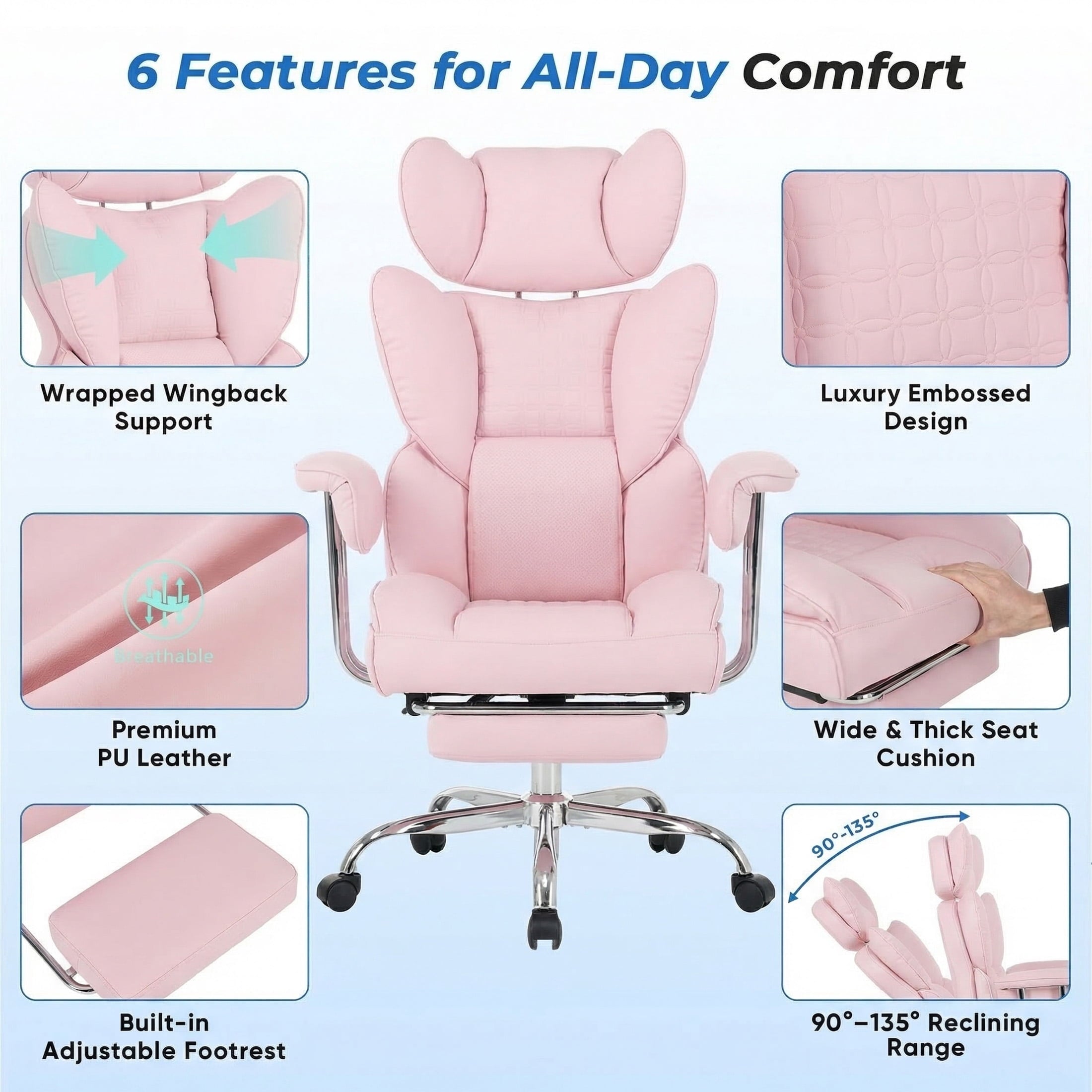 edx Executive Home Office Desk Chair, Ergonomic Big Tall High Back with Footrest & Lumbar Support, Reclining Comfy PU Leather Computer Gaming Chair with Swivel Wheels, Height Adjustable, Black