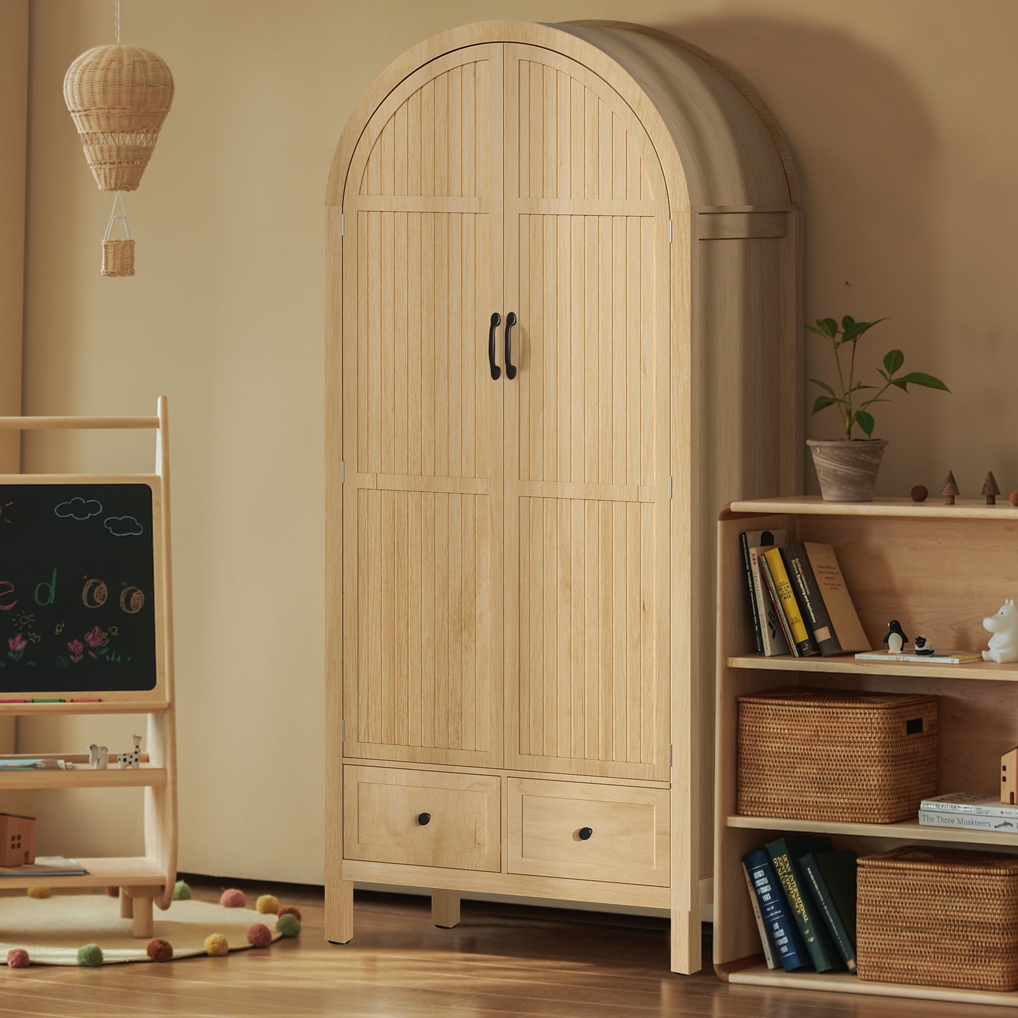 Oubayajia Arched Armoire Wardrobe Closet with Fluted Doors, Wooden Wardrobe Closet with Drawers, Shelves and Hanging Rod for Bedroom