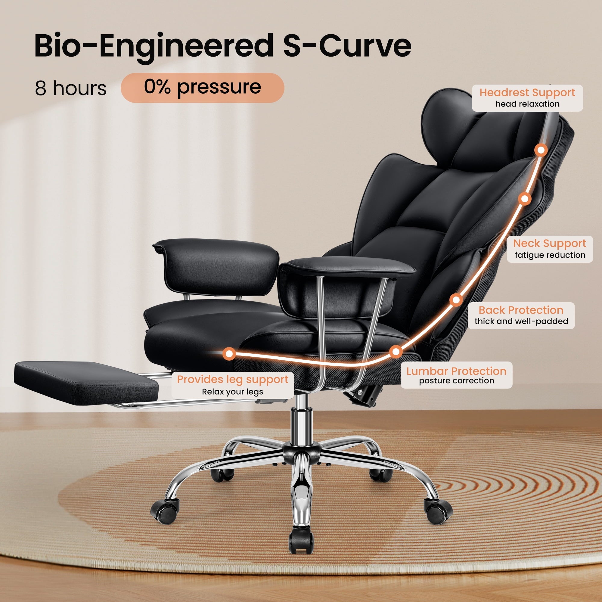 Primy High Back Office Chair, Big and Tall PU Leather Executive Chair with Footrest – Ergonomic Reclining Computer Desk Chair, High-Density Foam, Heavy Duty Swivel Rolling Chair, Black